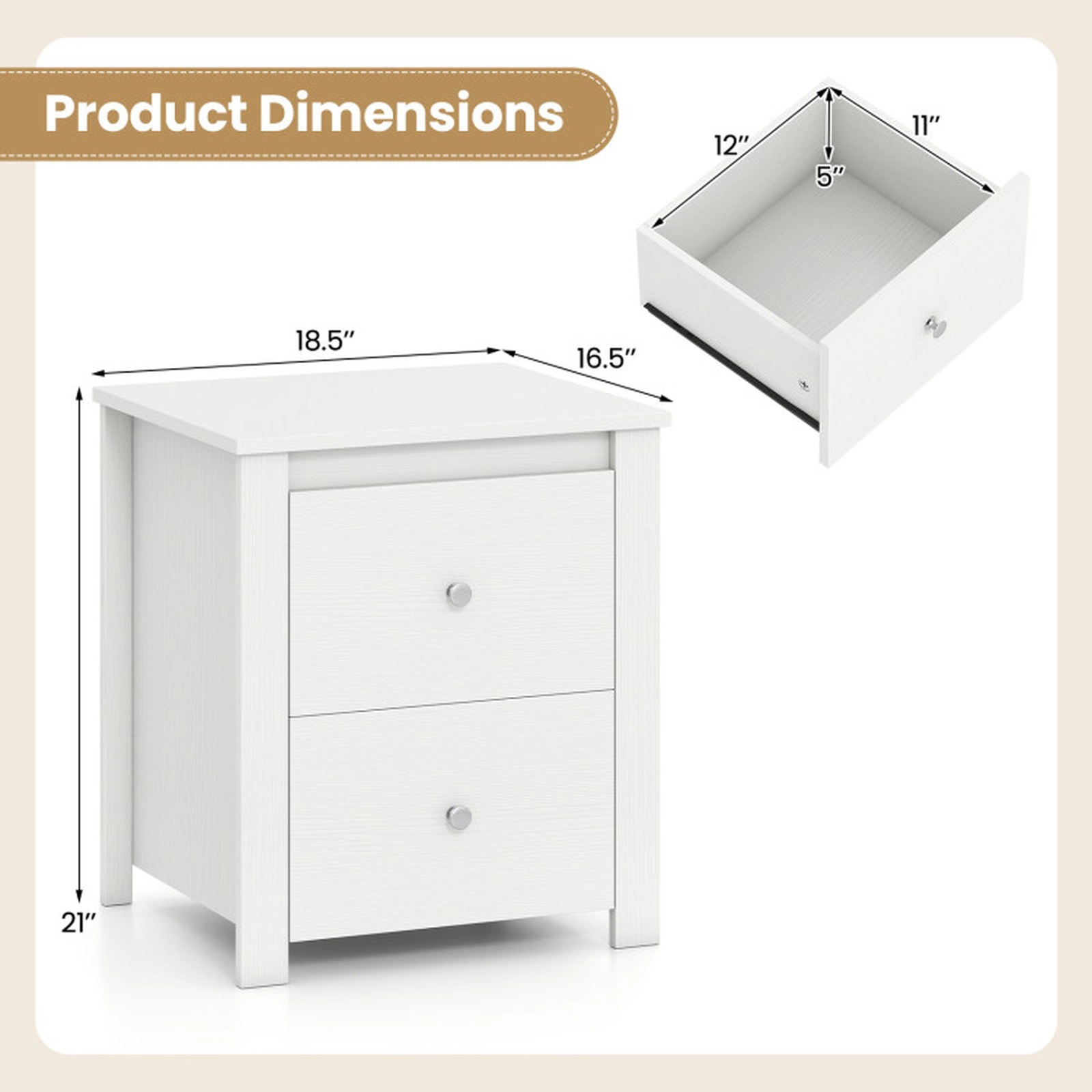 SUGIFT 2-Drawer Engineered Wood Nightstand with Storage 66-lb Tabletop Capacity 11-lb Drawer Capacity White