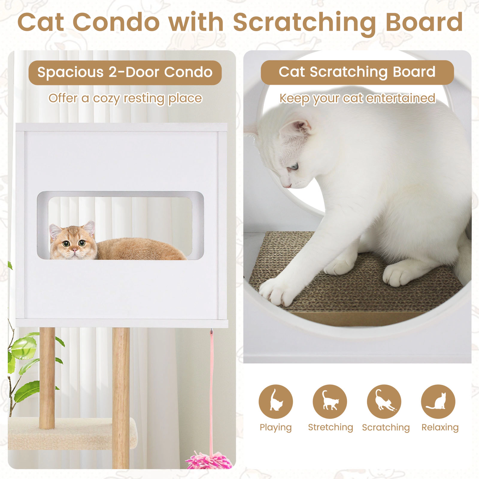 Glintex 40-Inch Rubber Wood Cat Tower with 2 Corrugated Cardboard Scratchers, White