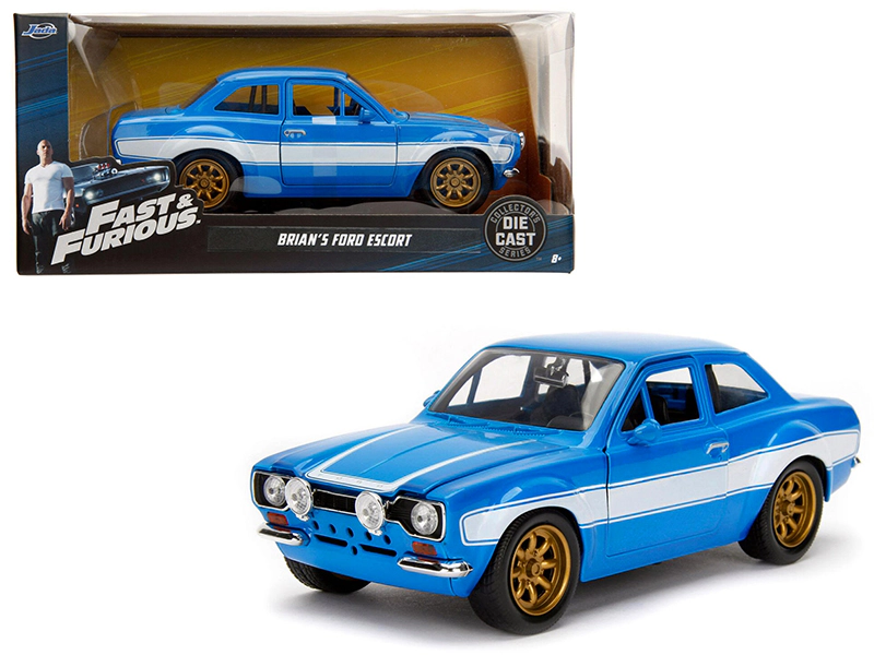 Jada 1970 Brian's Ford Escort Blue with White Stripes "Fast & Furious" Movie 1/24 Diecast Model Car by Jada