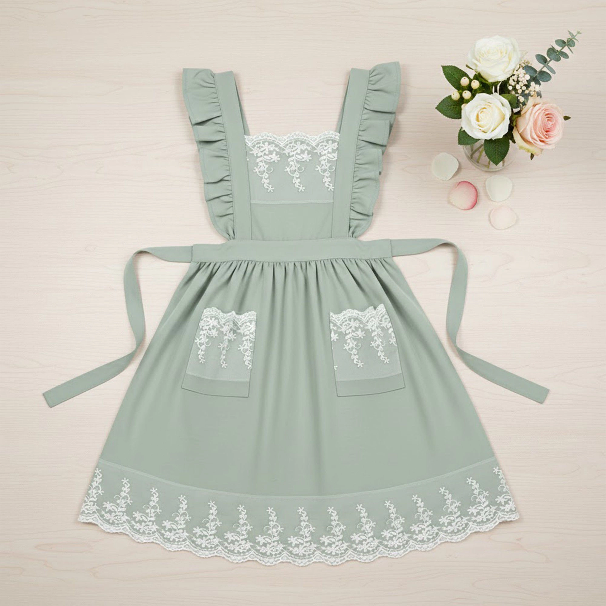 Alilang Unisex Lace Trim Ruffle Kitchen Apron with Embroidered Bib Detail Dual Front Pockets and Adjustable Waist Ties