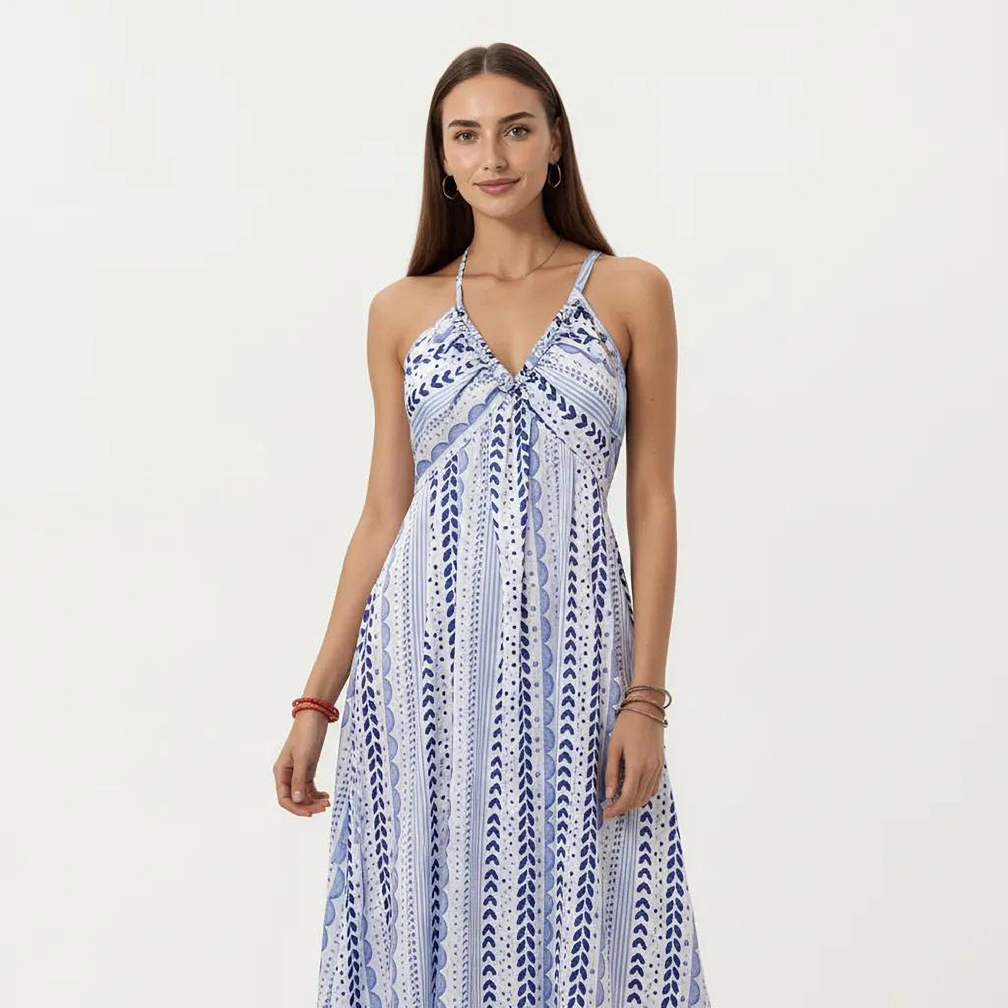Anna-Kaci Women's Halter Neck V Smocked Bodice Flowing A Line Skirt Midi Dress