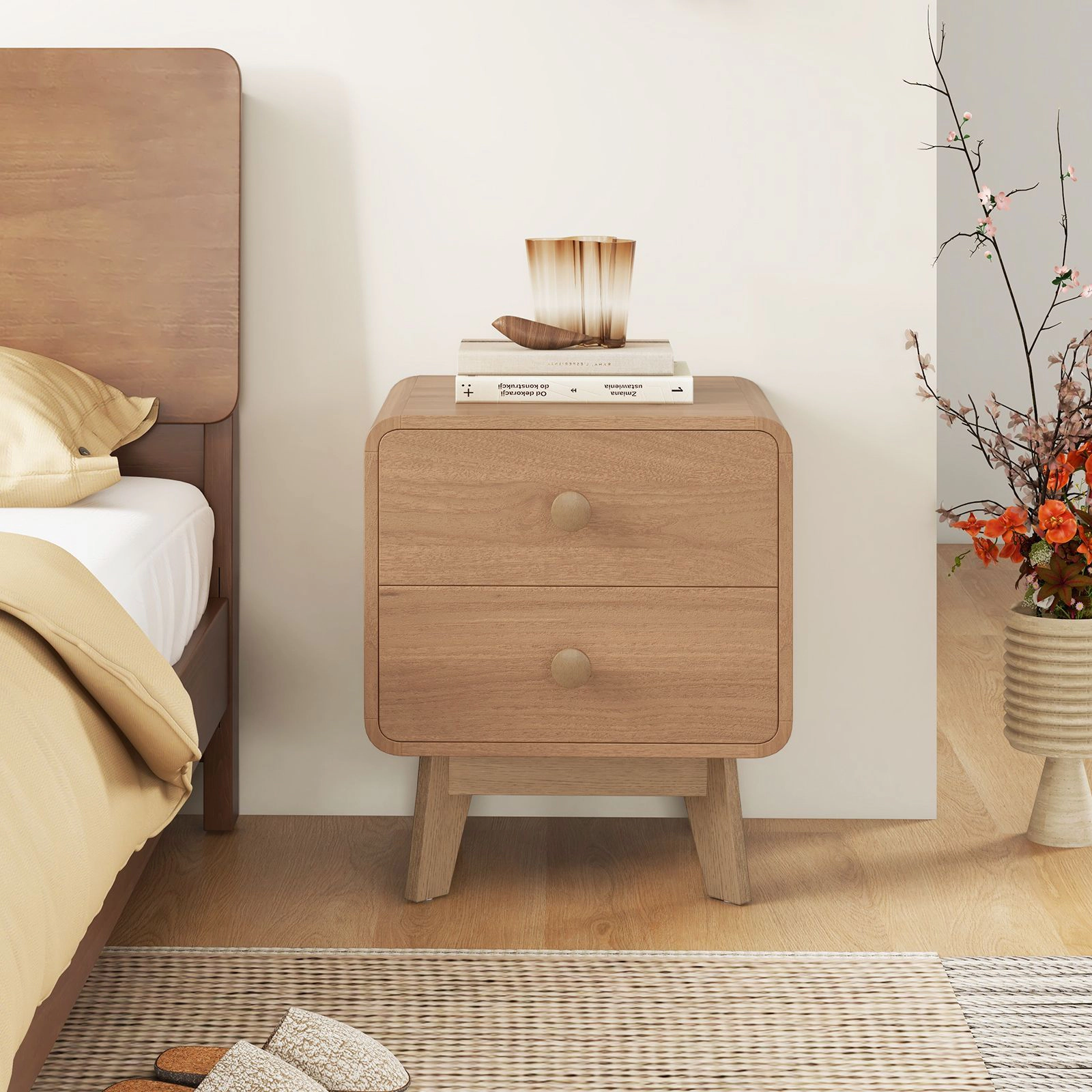 SlickBlue Modern 2-Drawer Nightstand with Solid Rubber Wood Legs