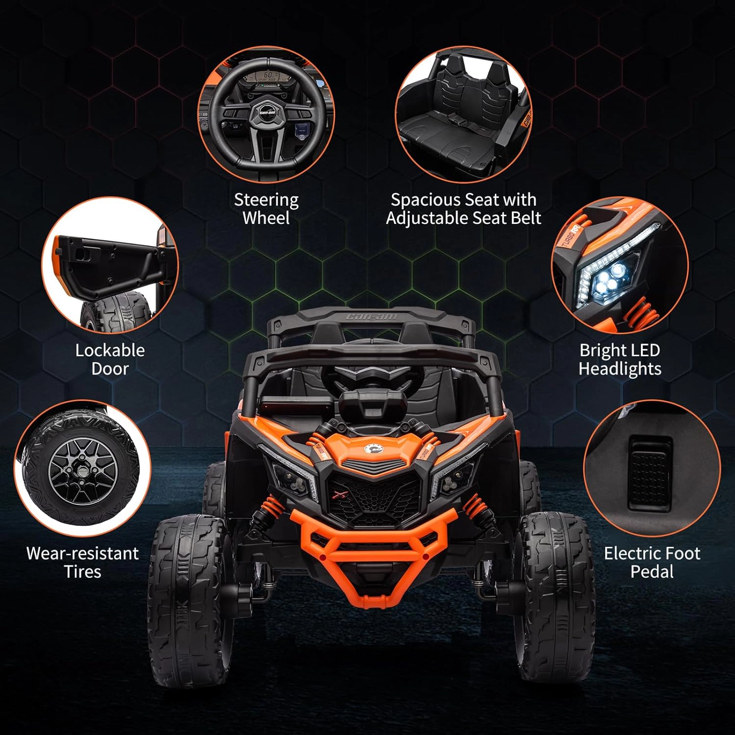 Enjyam 12V Licensed Can-Am Kids Ride On UTV, Electric Off-Road Car w/Remote, LED Lights, Music, Safety Belt, Open Doors
