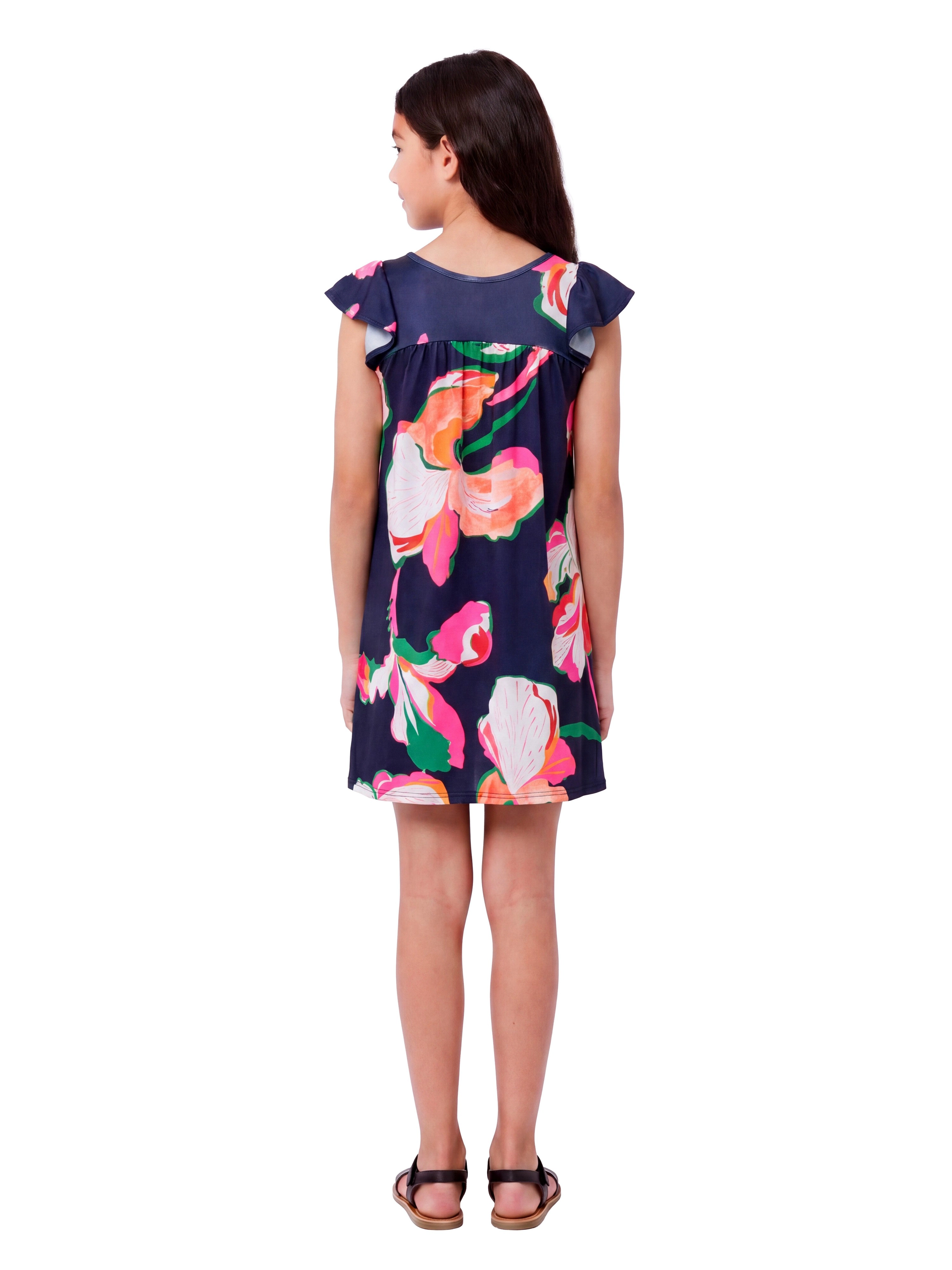 24sevenKid Essential Girls Navy Blue Floral Print Cap Sleeve Babydoll Dress