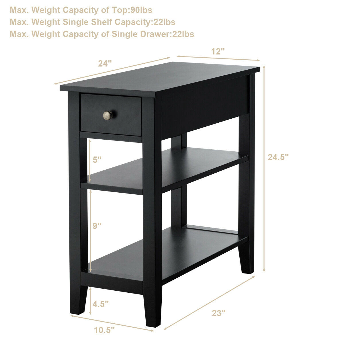 LJG 3-Tier End Table with Drawer Slideway and Double Shelves