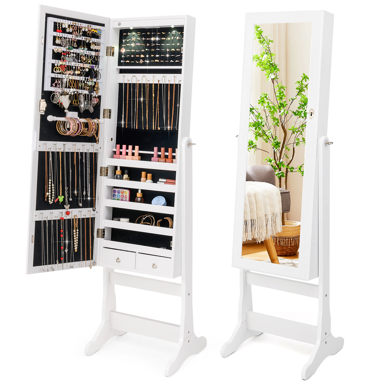 SUGIFT Freestanding Jewelry Cabinet White Lockable Armoire with Full-Length Mirror and Lights