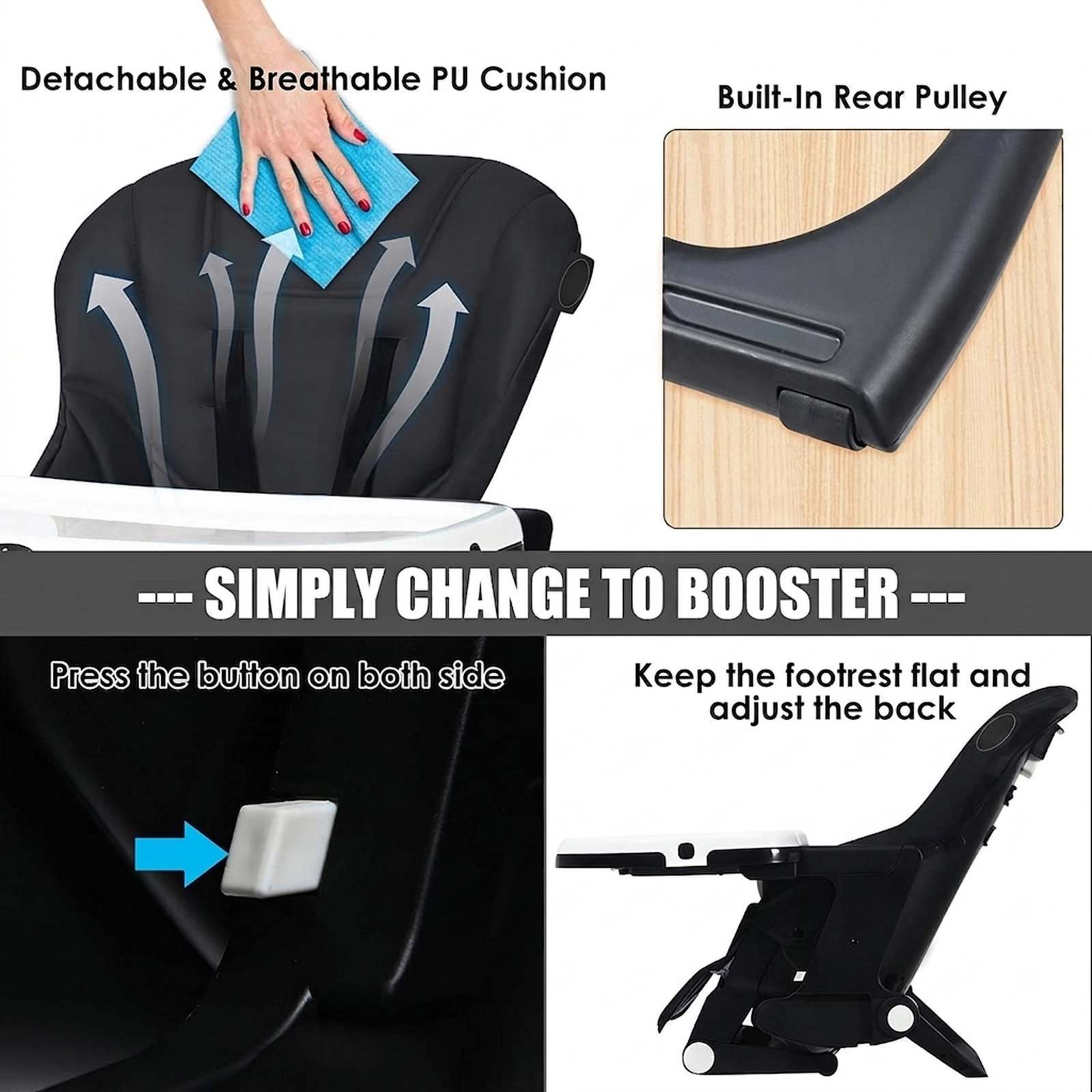 4-in-1 Baby High Chair and Booster Seat 7 Heights 5-Position Backrest Dual Feeding and Play Trays 0 to 36 Months