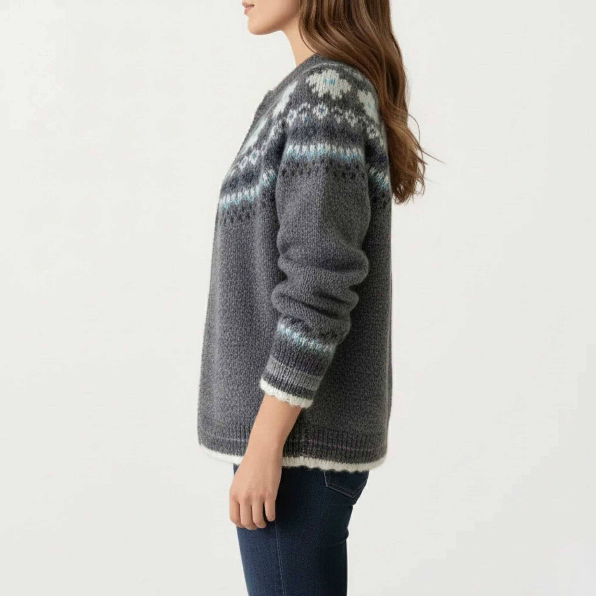 Anna-Kaci Women's Button Front Knit Cardigan with Crew Neckline and Nordic Inspired Pattern Detail