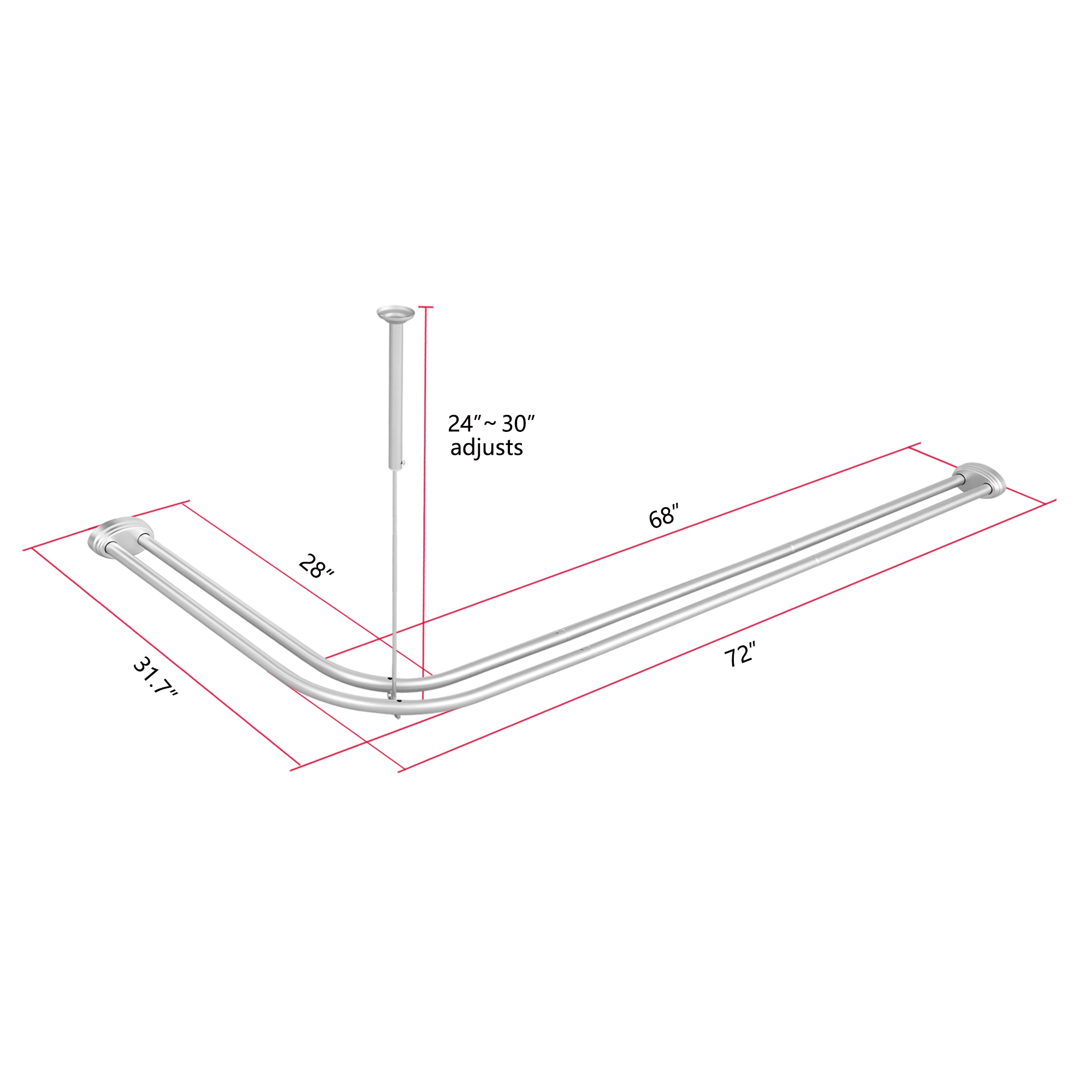 Utopia Alley Rustproof Aluminum Double L Shaped Shower Curtain Rod 72"Lx31.7"W, with 24 Hooks & Ceiling Support