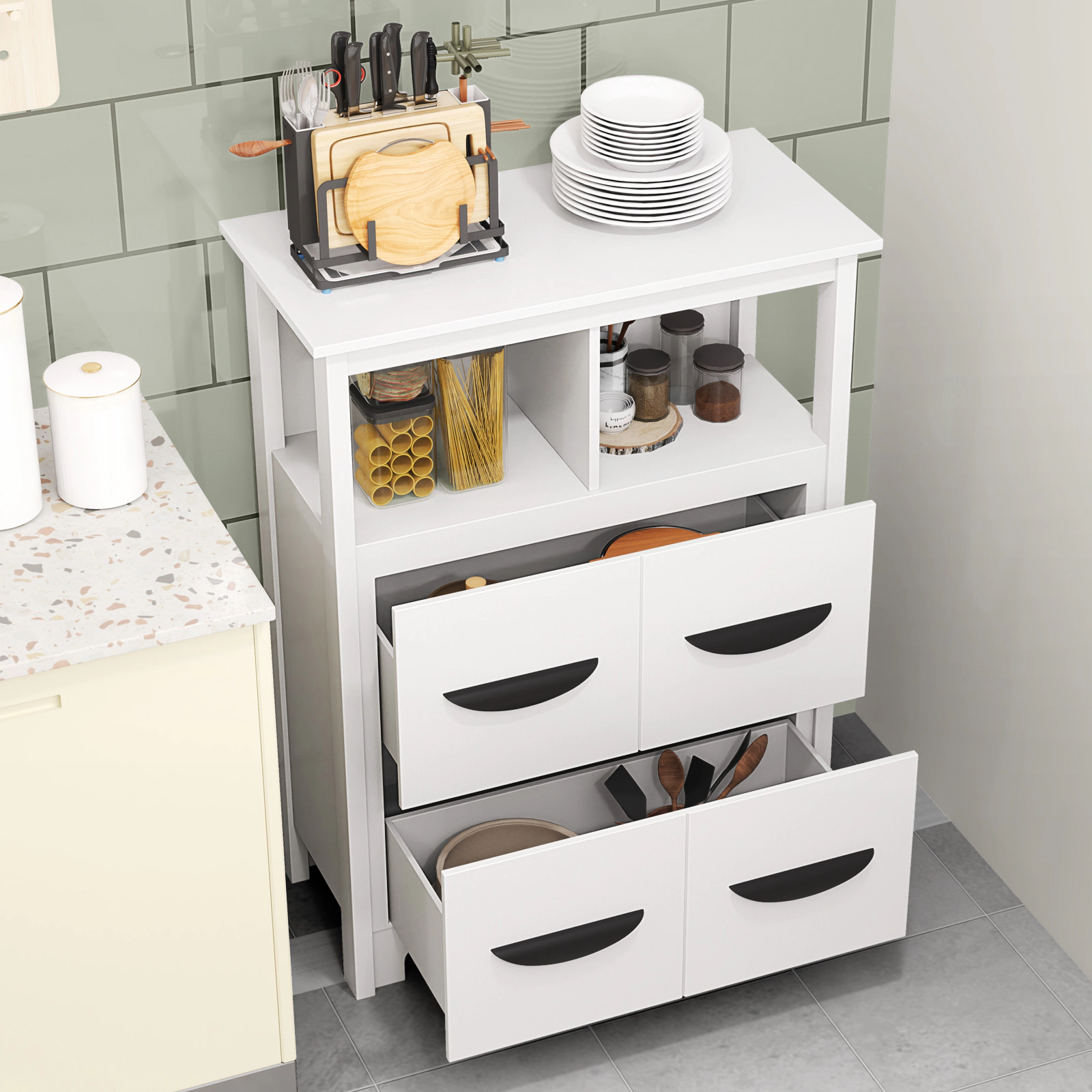Slickblue White MDF Storage Cabinet with Drawers for Bathroom Living Room Hallway