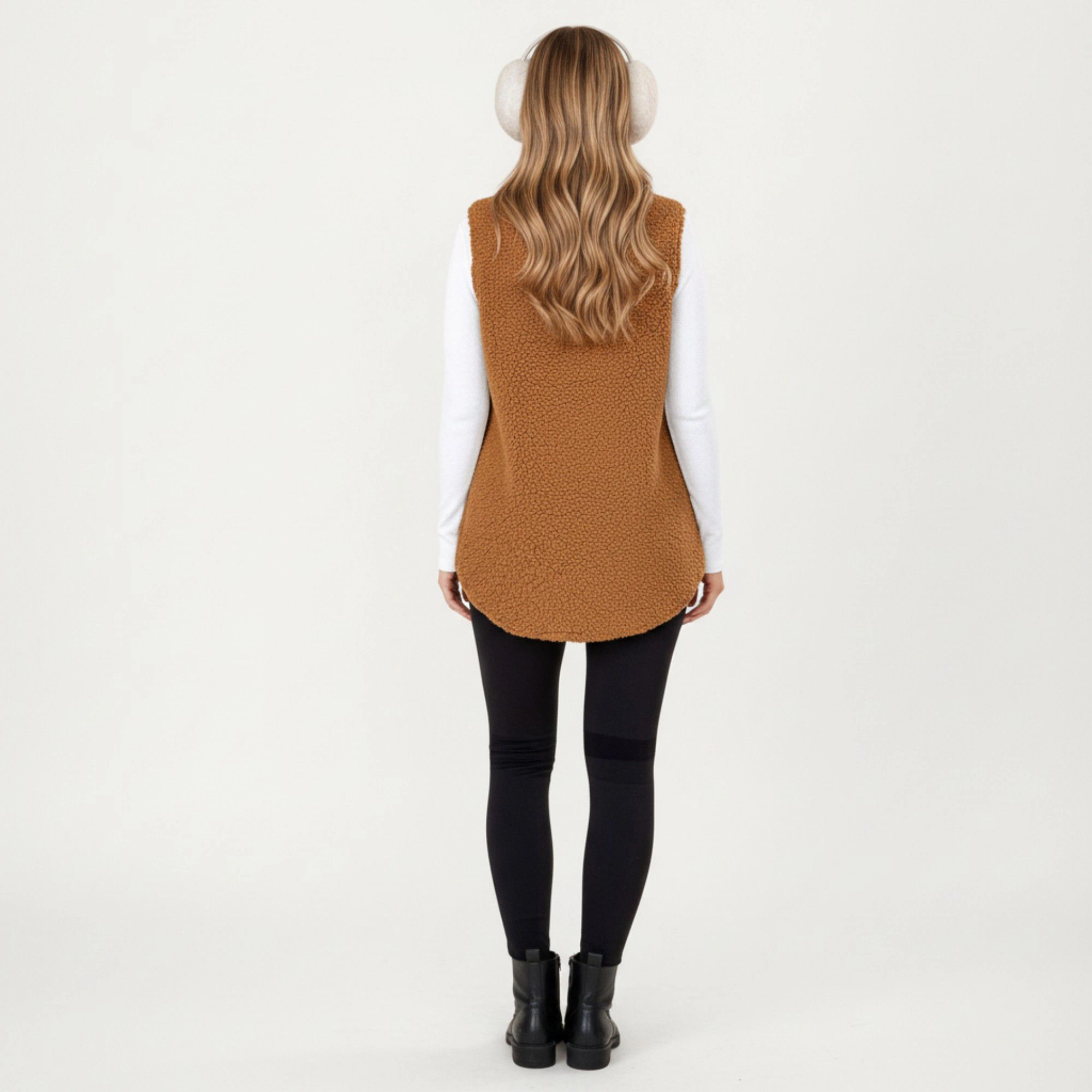 Anna-Kaci Women's Faux Shearling Button Front Vest with Collared Neckline, Chest Flap Pockets, and Longline Fit