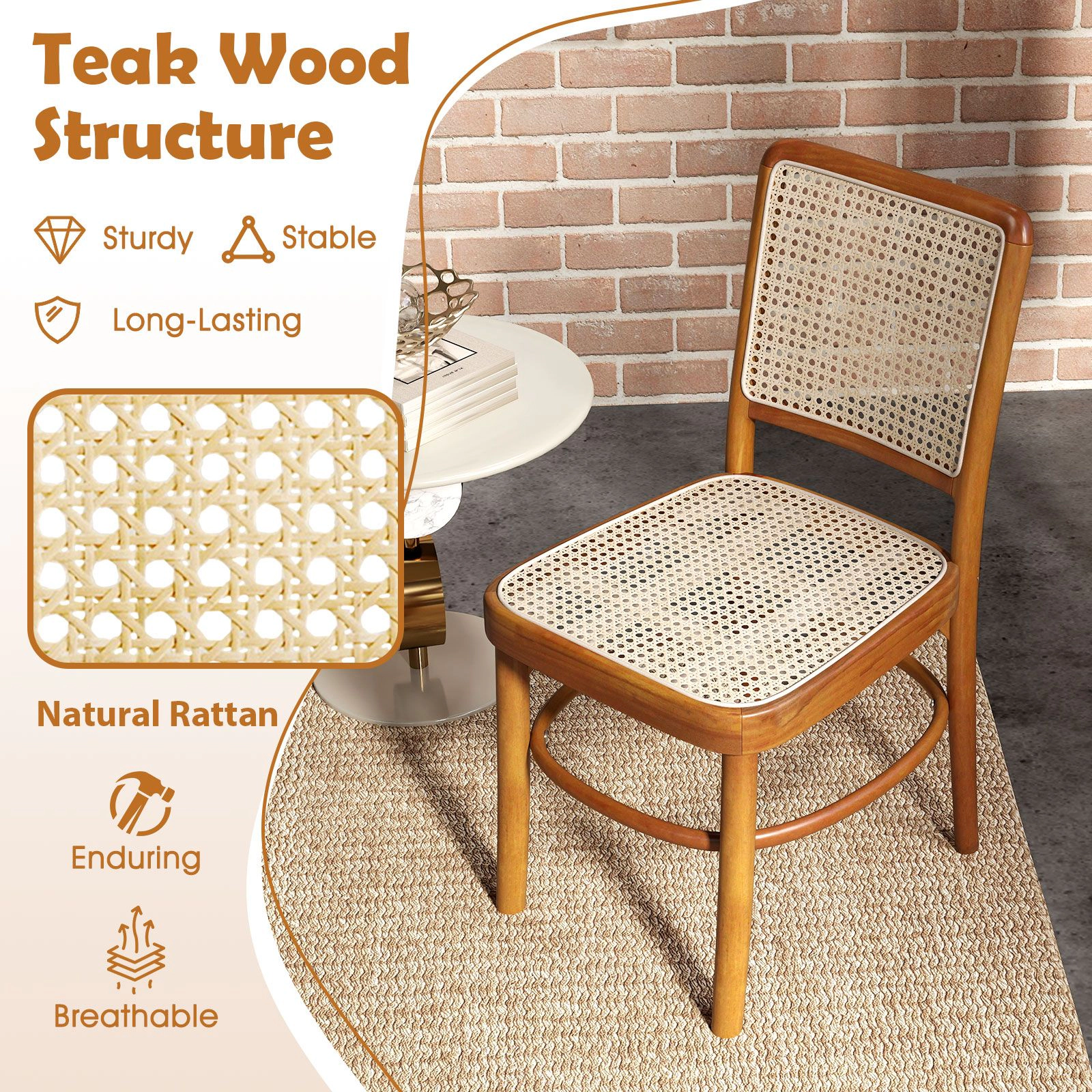 SlickBlue Boho Rattan Dining Chairs Set of 2, Teak Wood Frame, Armless