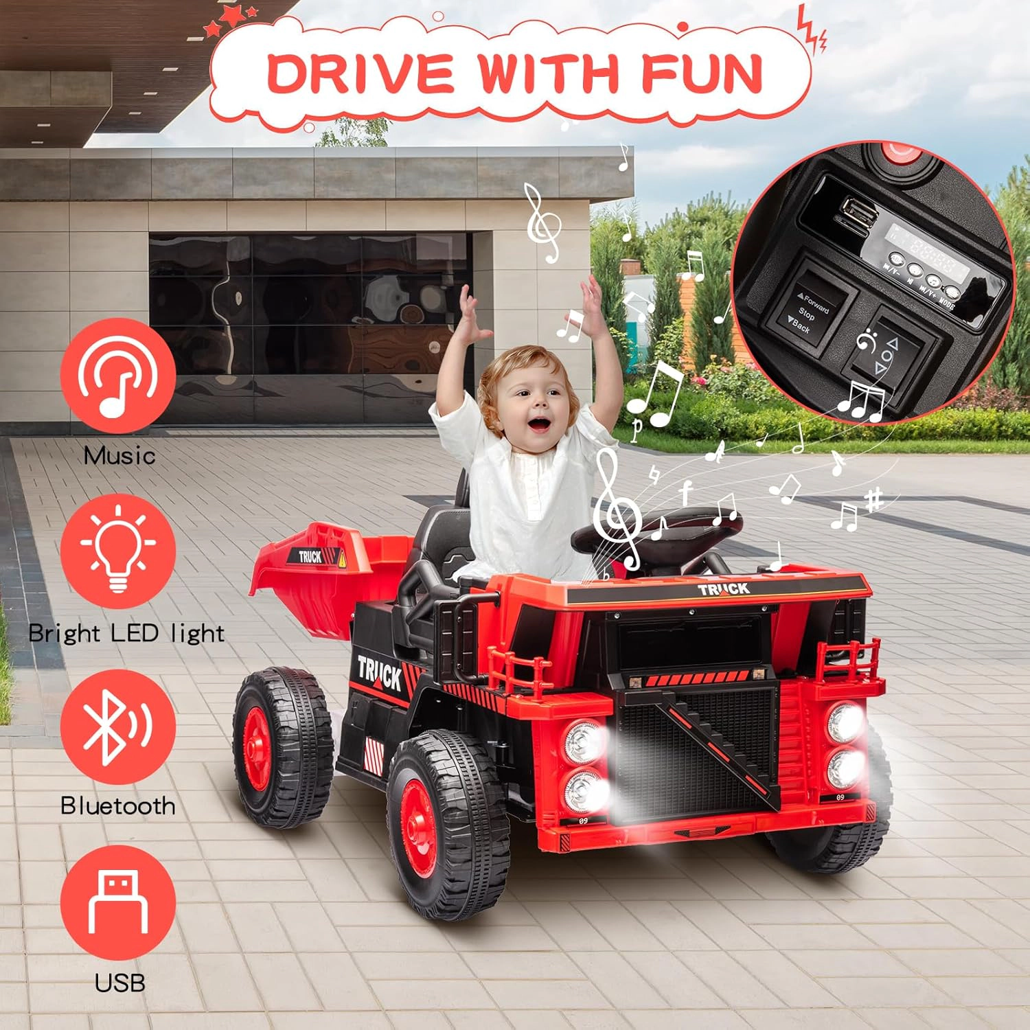 12V Kids Ride On Dump Truck, Electric Construction Car w/ Remote, Lift Bed, Shovel, Music & LED Lights
