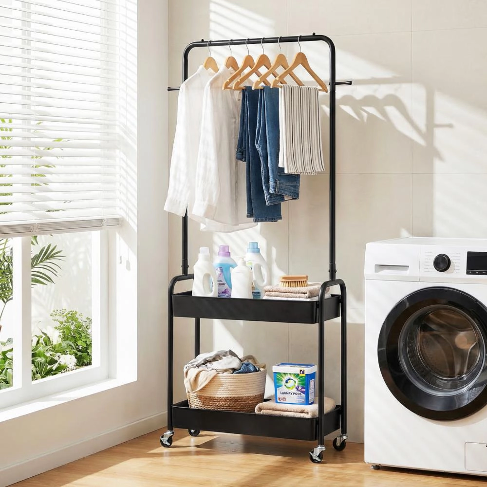 Hivvago Heavy-Duty Laundry Cart With Hanging Rod And 2 Storage Baskets For Bedroom