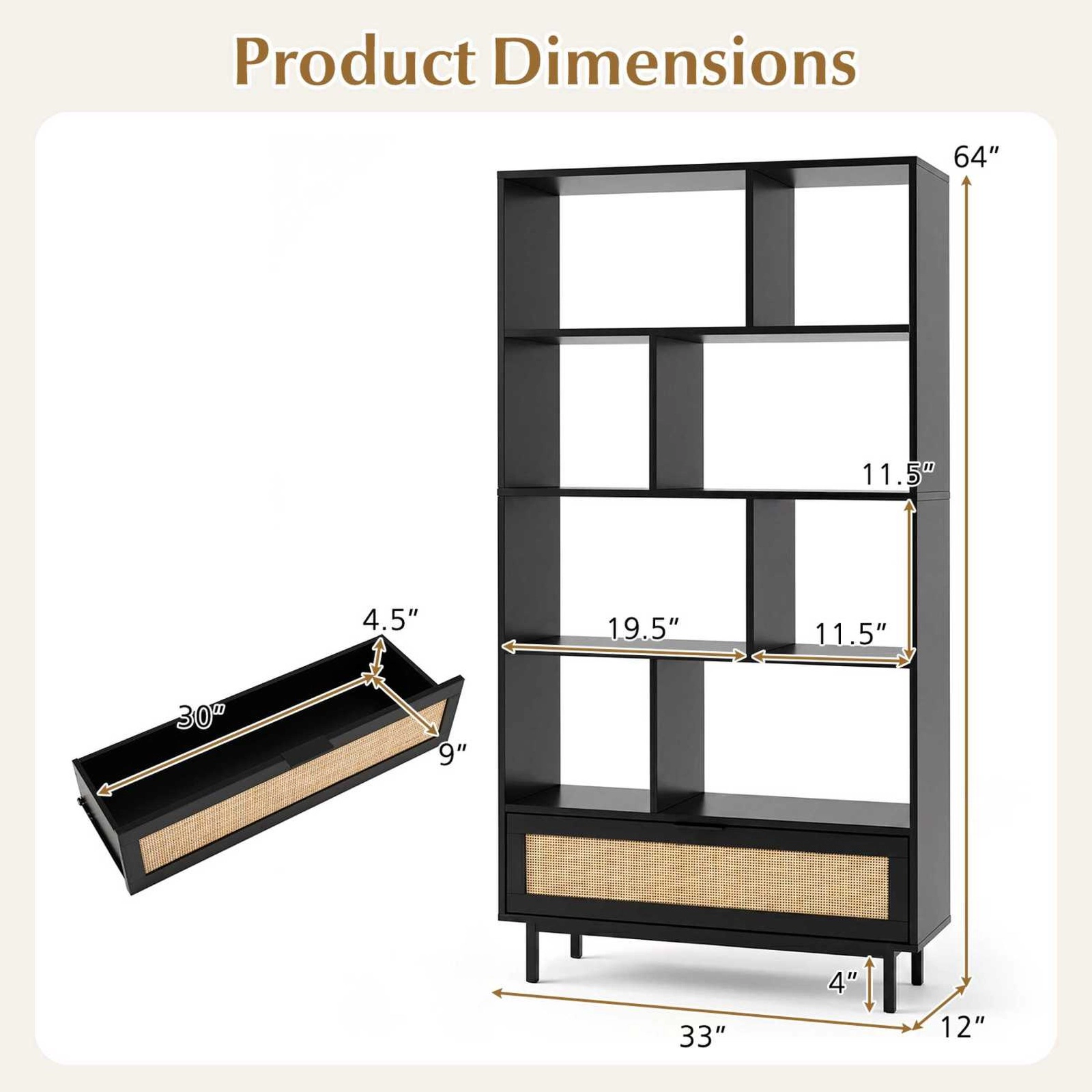 SUGIFT 6-Tier Black 64-in Tall Bookshelf with 8 Open Cubes Storage Drawer and Metal Legs for Living Room