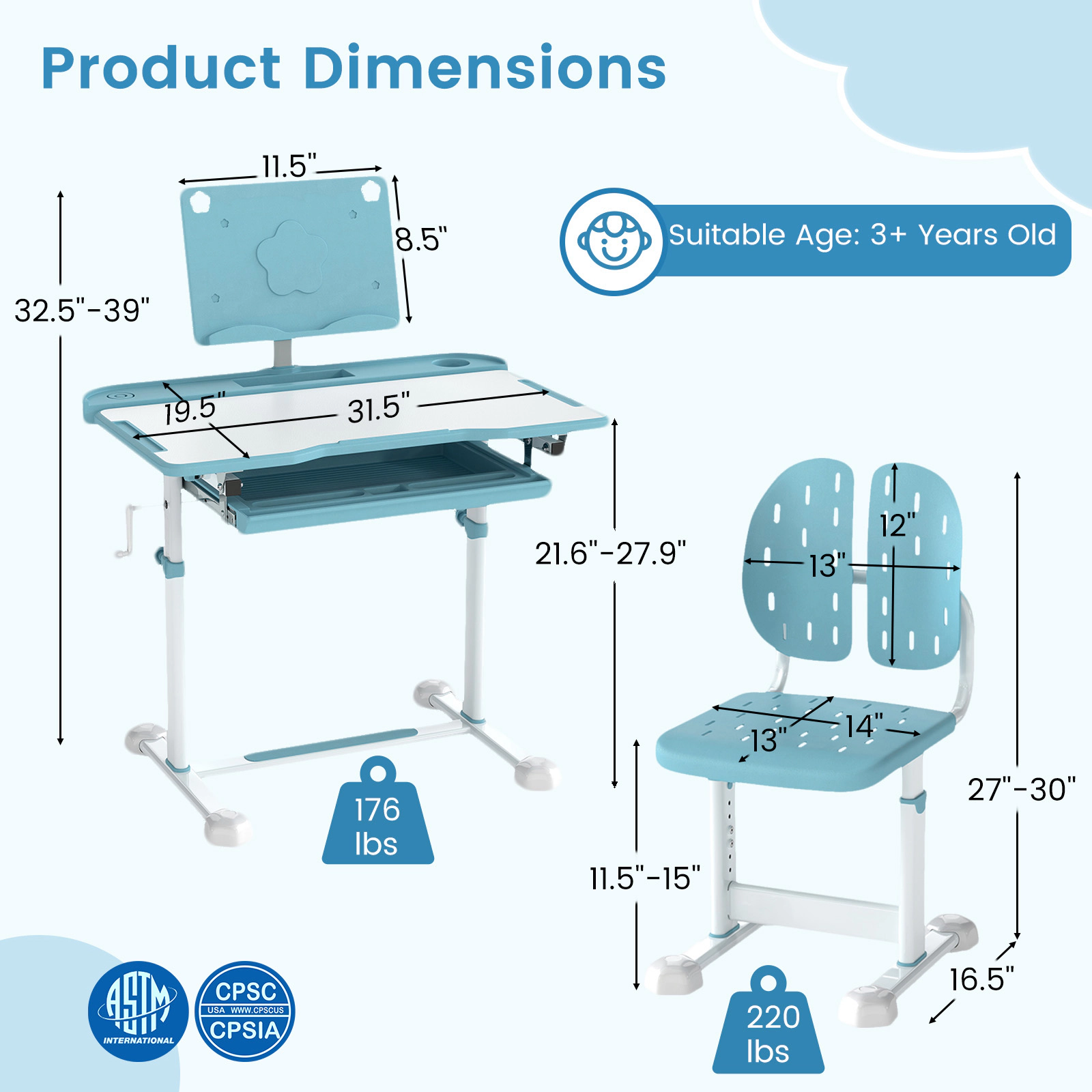 SUGIFT Adjustable Kids Study Desk & Chair Set with Tilt Desktop & Book Stand 176-lb Desktop 220-lb Seat 3+ Years Blue