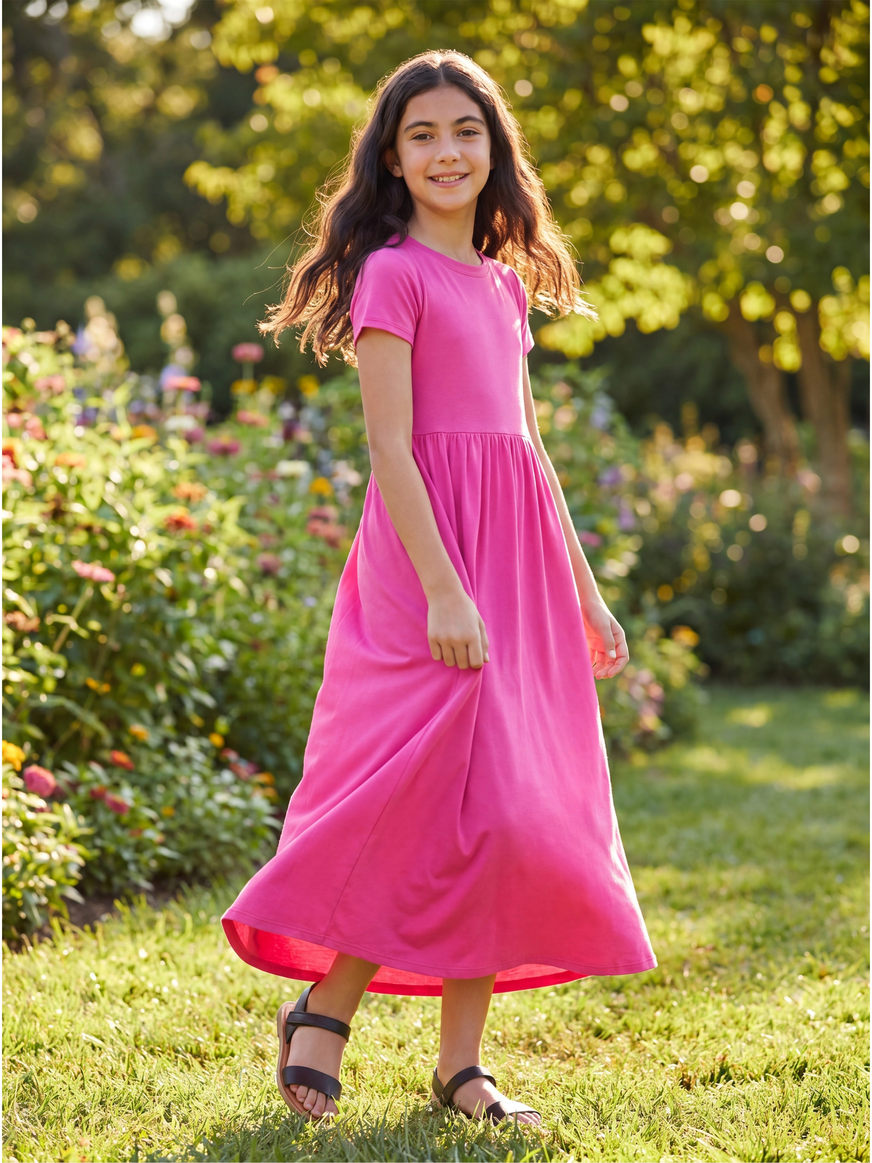 24sevenKid Essential Girls Short Sleeve Pleated Midi Dress