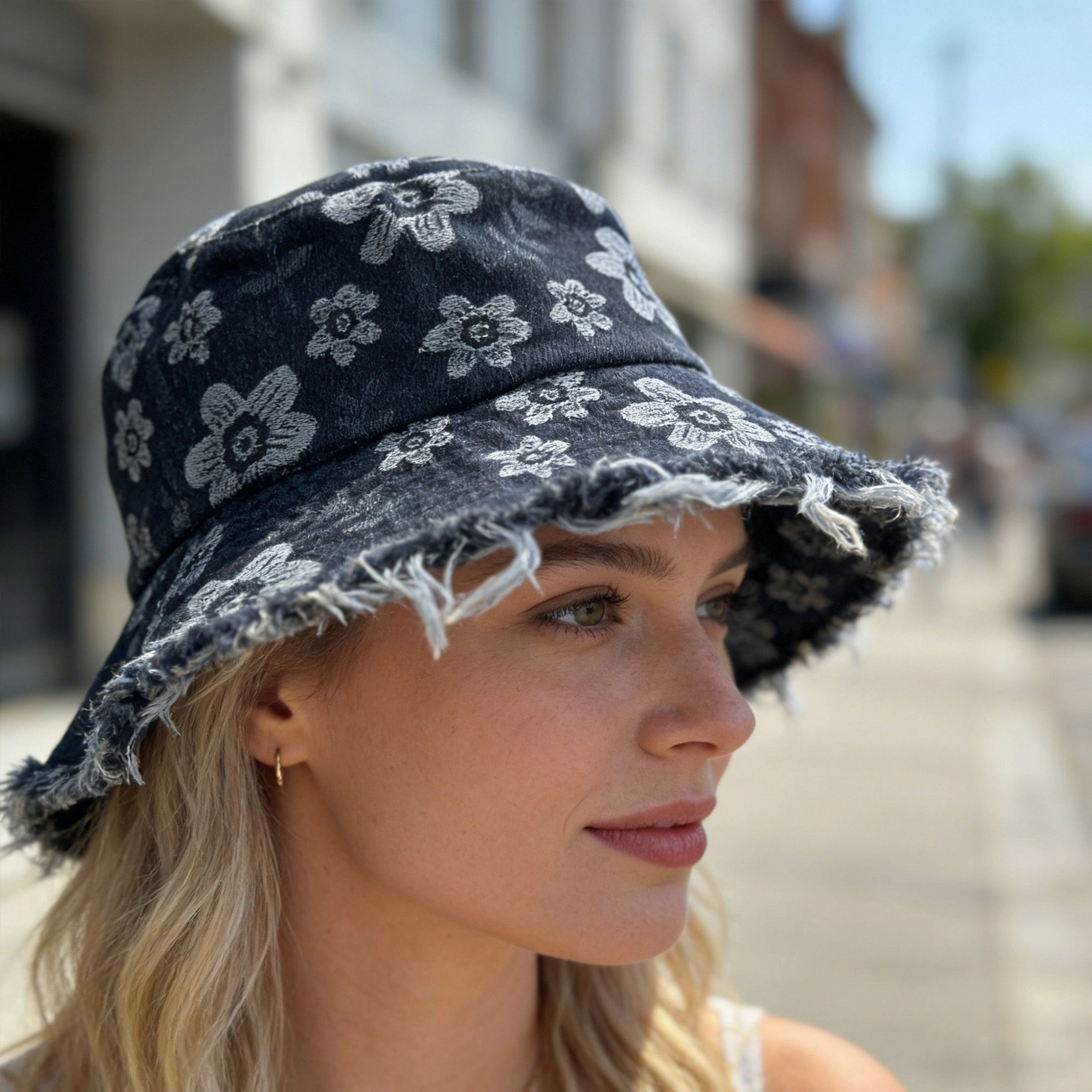 Anna-Kaci Women's Women Floral Bucket Hat Distressed Edge Casual Denim Style Sun