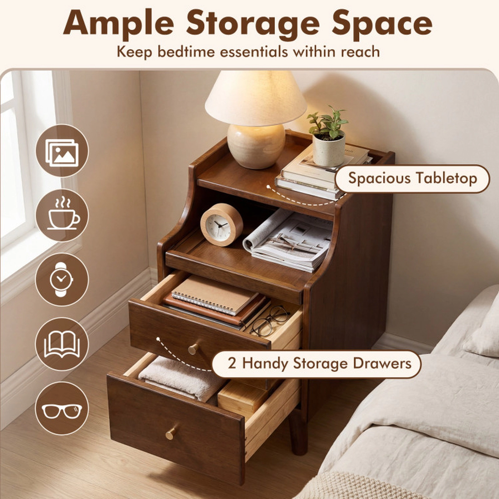 SUGIFT Wood Nightstand with Drawers and Solid Wood Legs 55-lb Top Capacity 11-lb Drawer Capacity 20-in Tall Brown