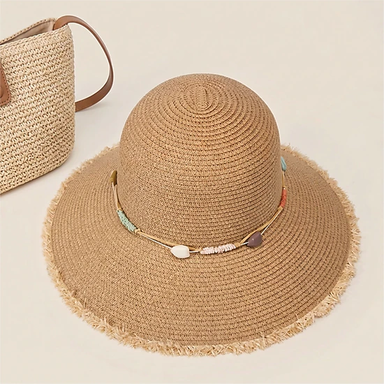 Anna-Kaci Womens Straw Sun Hat Wide Brim Beaded Trim Summer Beach Vacation Hat Lightweight