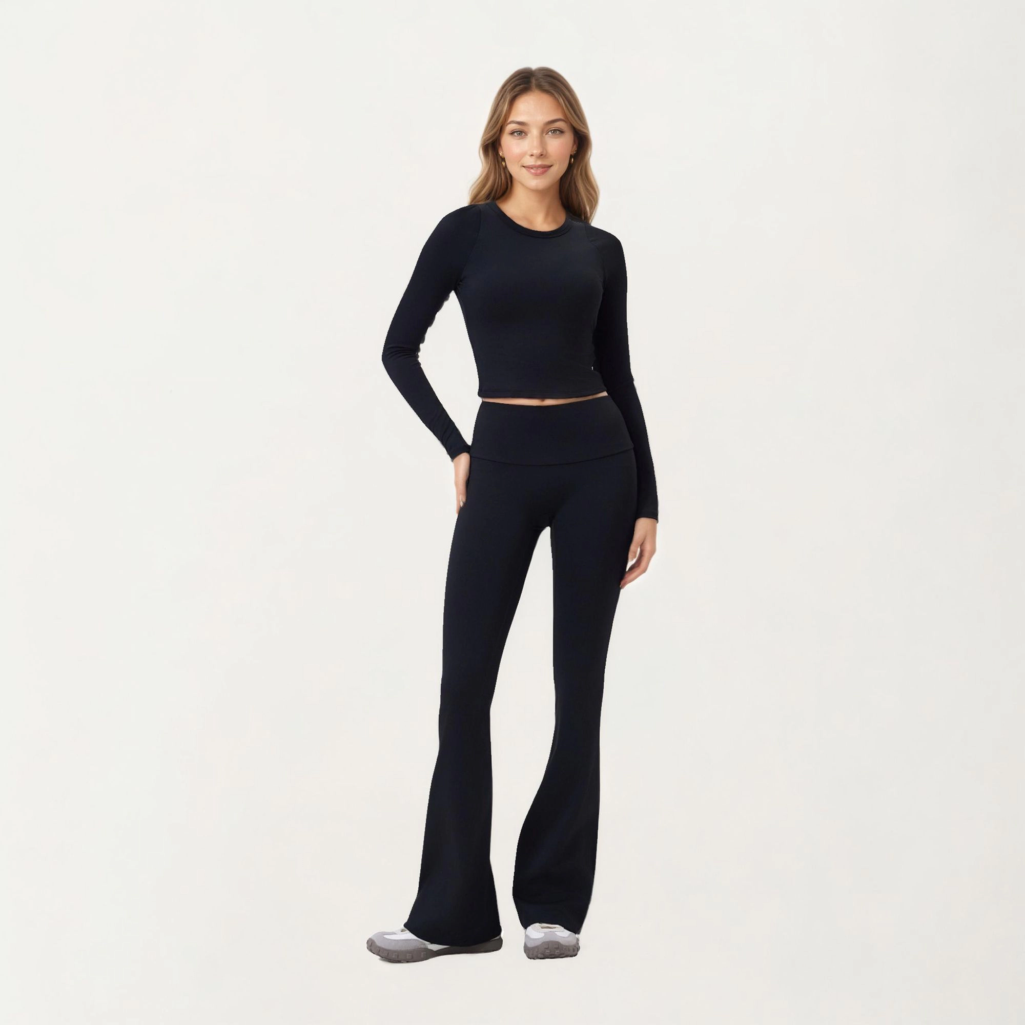 Anna-Kaci Active Women's High Waist Flare Leg Pants with Foldover Waistband and Stretch Performance Fabric