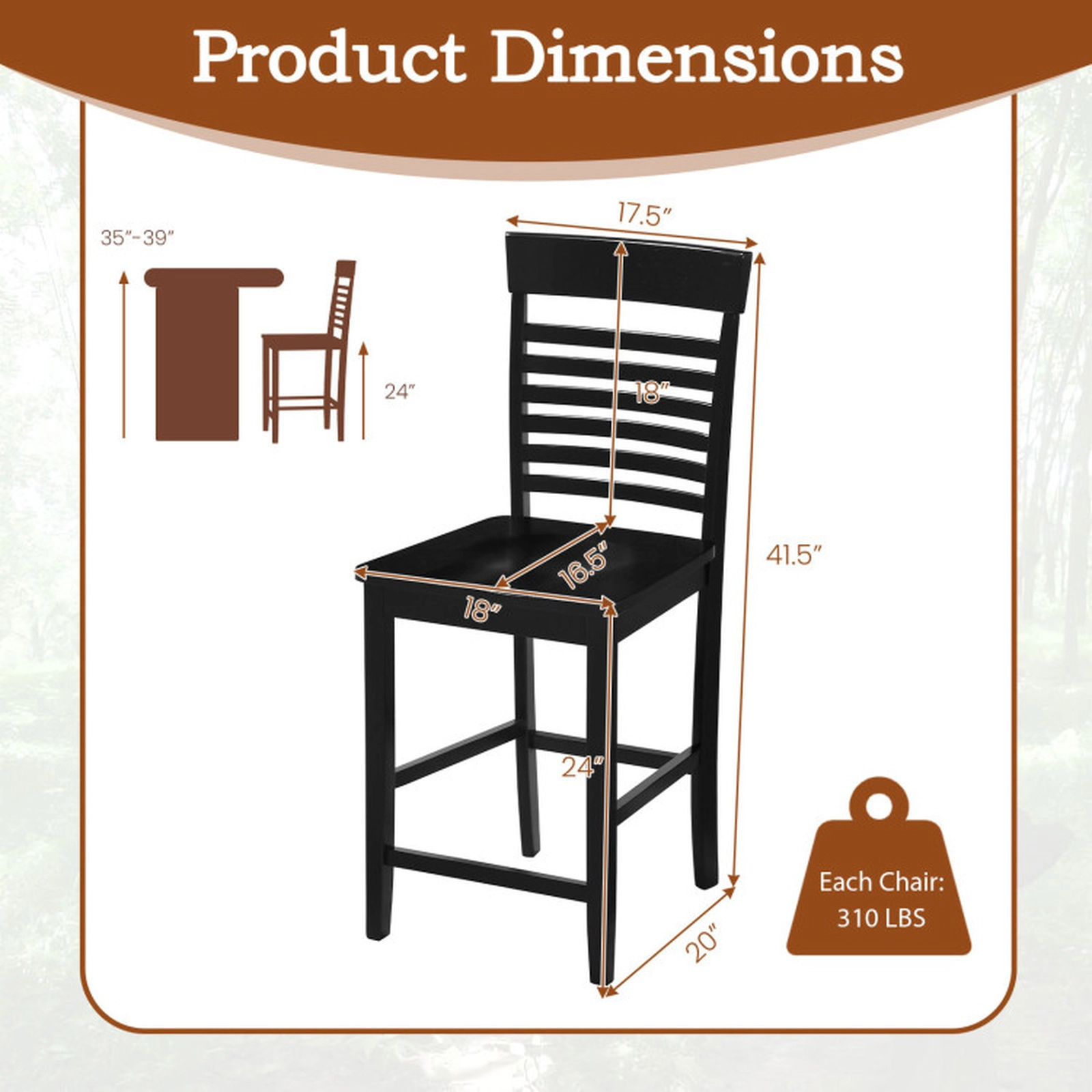 SUGIFT Counter-Height Dining Chair Set of 2 with Footrests and Solid Wood Frame 310-lb Capacity Gray/Black