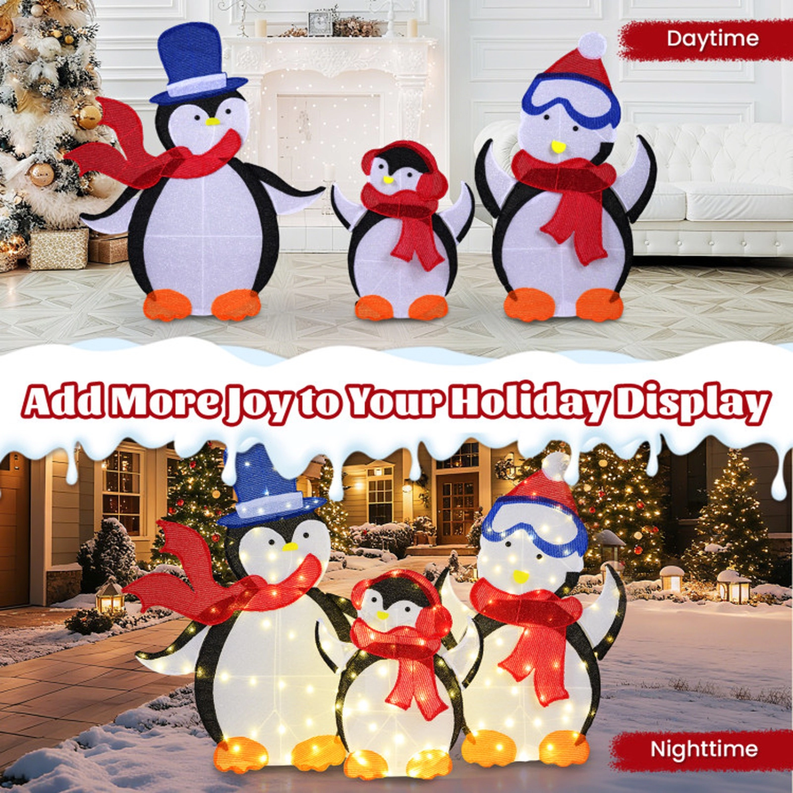 SUGIFT 3-Piece Multicolor 2D Lighted Penguin Family with 160 LED Lights 47-in H Dad 44-in H Mom 28-in H Baby
