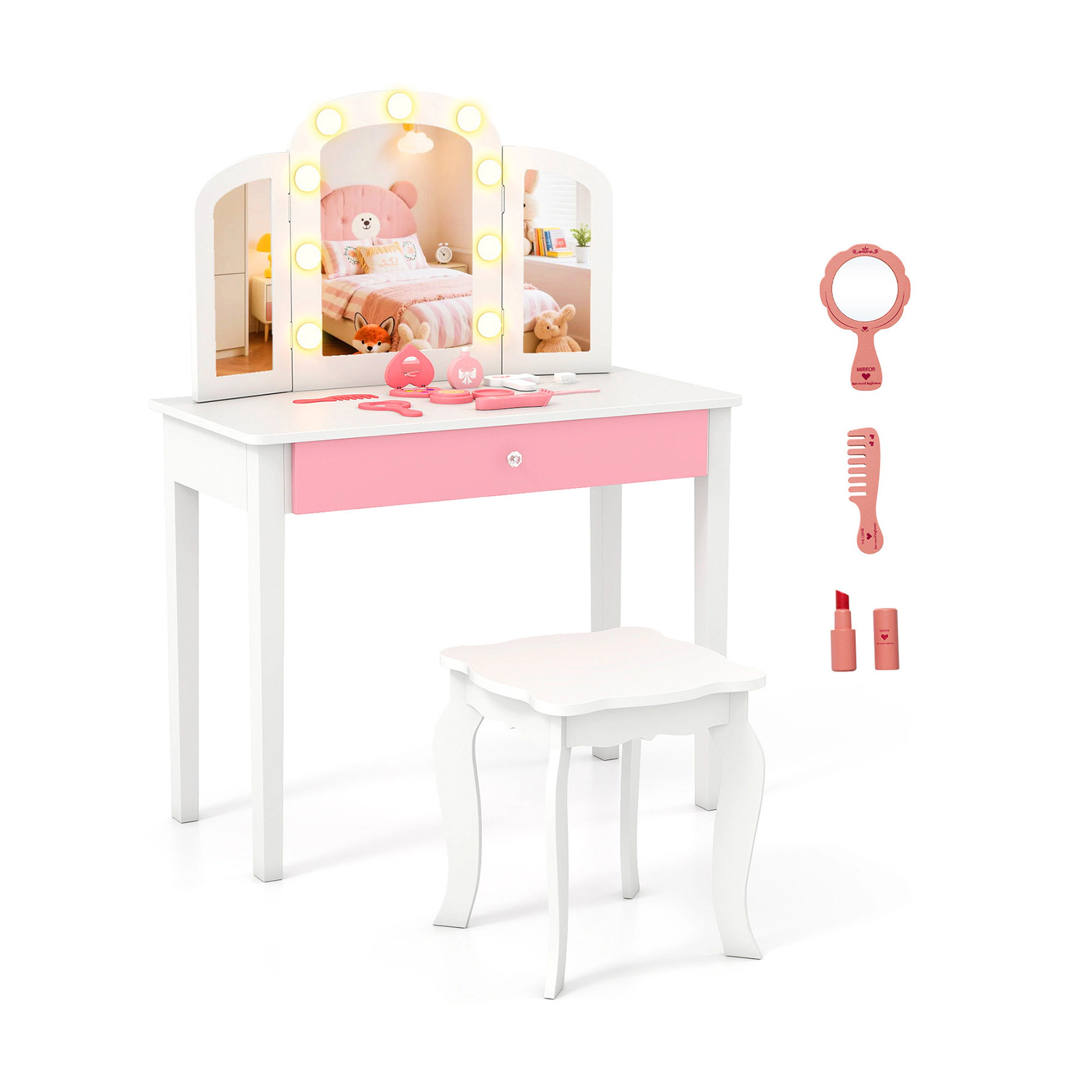 SUGIFT Kids Vanity Table Set with Stool, Tri-Fold Lighted Acrylic Mirror and Drawer