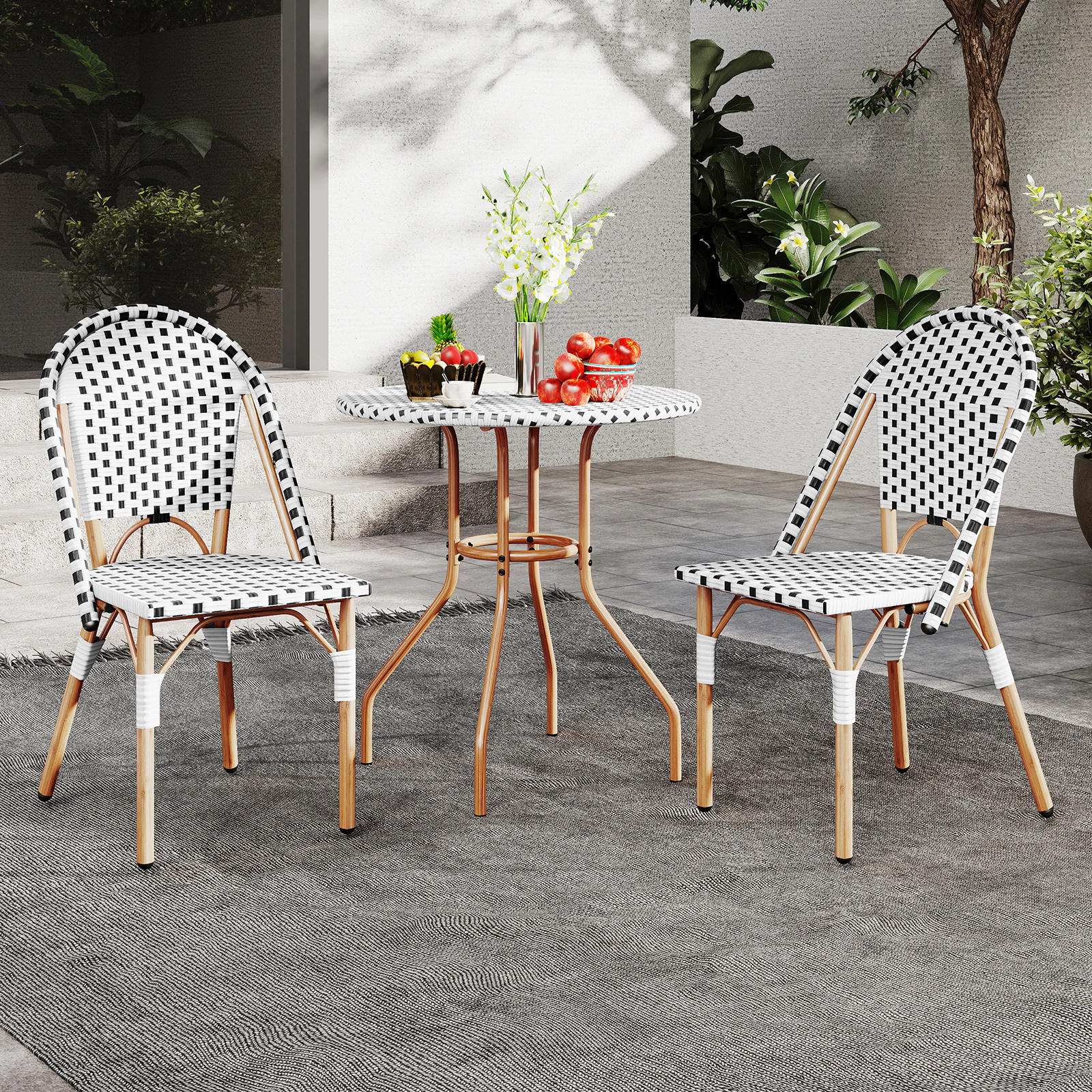 SUGIFT 3 Piece French Bistro Table & Chair Set Woven PE Rattan 110-lb Table 330-lb Chair Capacity Black/White Natural