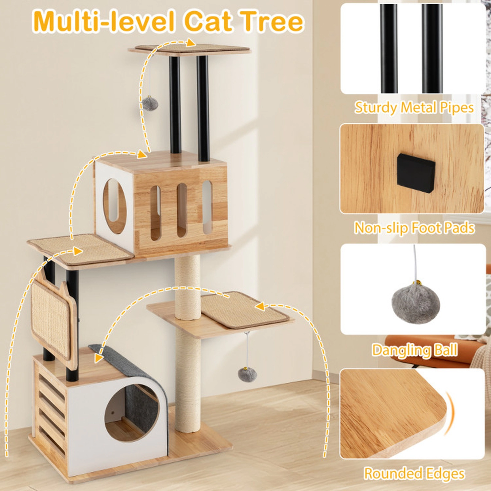 SUGIFT 56-in Natural Modern Tall Cat Tree Tower with 2 Condos Detachable Sisal Carpets and Metal Posts