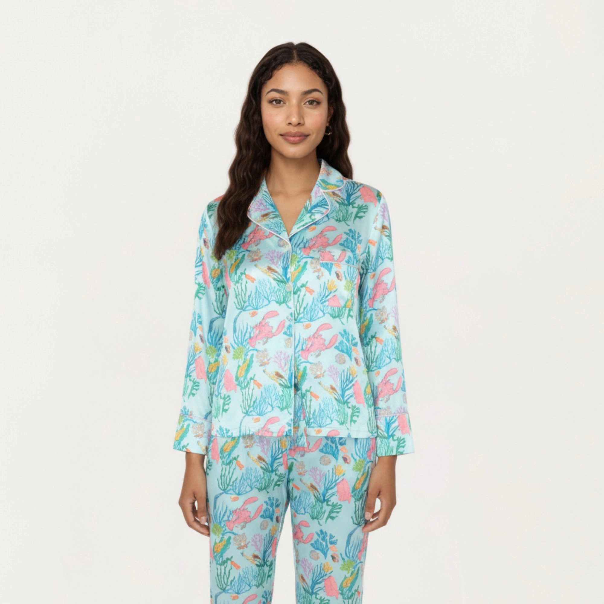 Anna-Kaci Women's 2-Piece Button Front Pajama Set with Ocean Print and Soft Silky Fabric for Relaxed Comfort