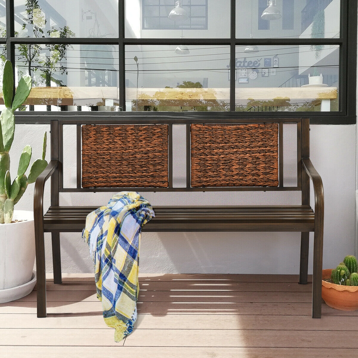 LJG Patio Garden Bench with Powder Coated Steel Frame for Lawn