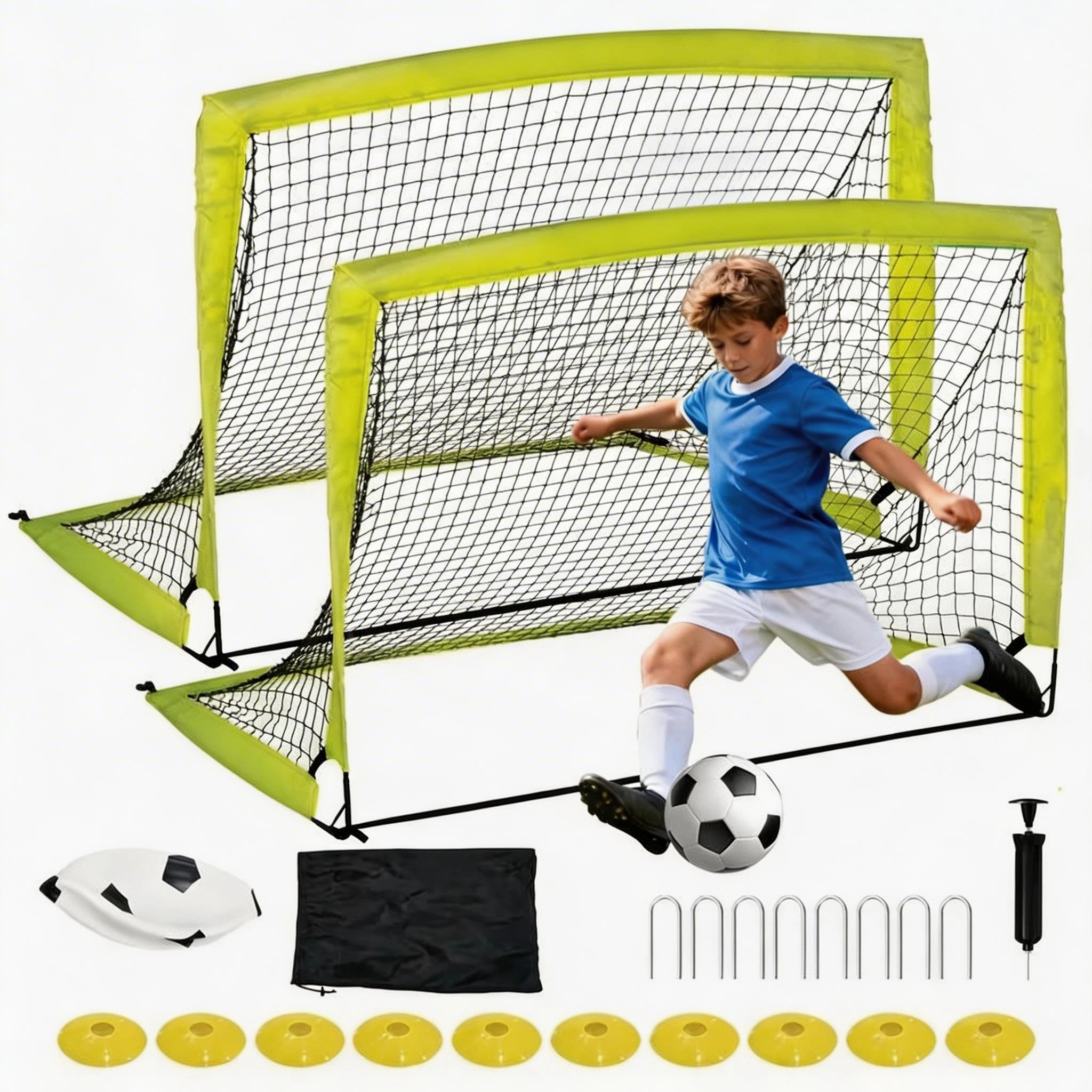 6x4 FT Soccer Goal Set 2 Pack with Training Nets, Portable Backyard Goals Ball, Cones & Carry Bag