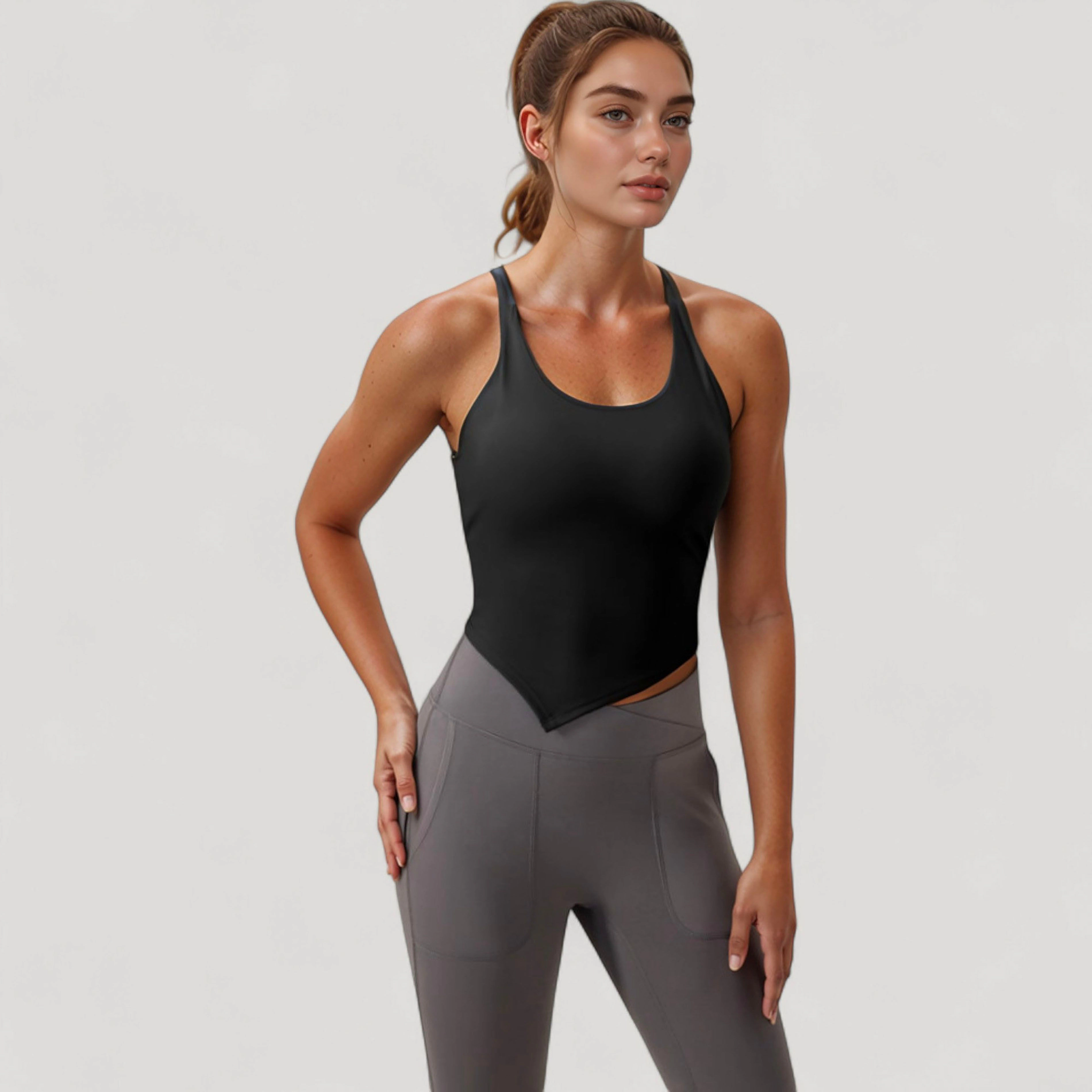 Anna-Kaci Women's Scoop Neck Racerback Tank Top with Handkerchief Hem and Built-In Shelf Bra for Low Impact Activity