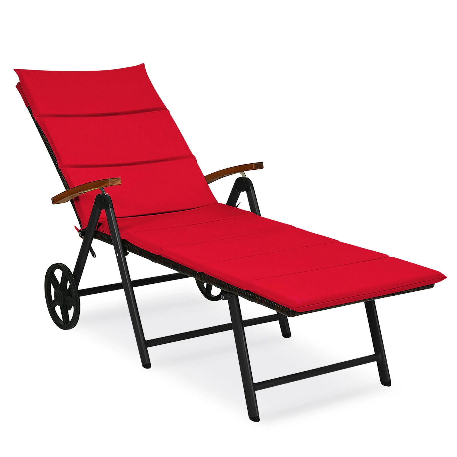 SUGIFT 10 in Wheels 7 Tilt Positions 385-lb Red Folding Patio Rattan Lounge Chair