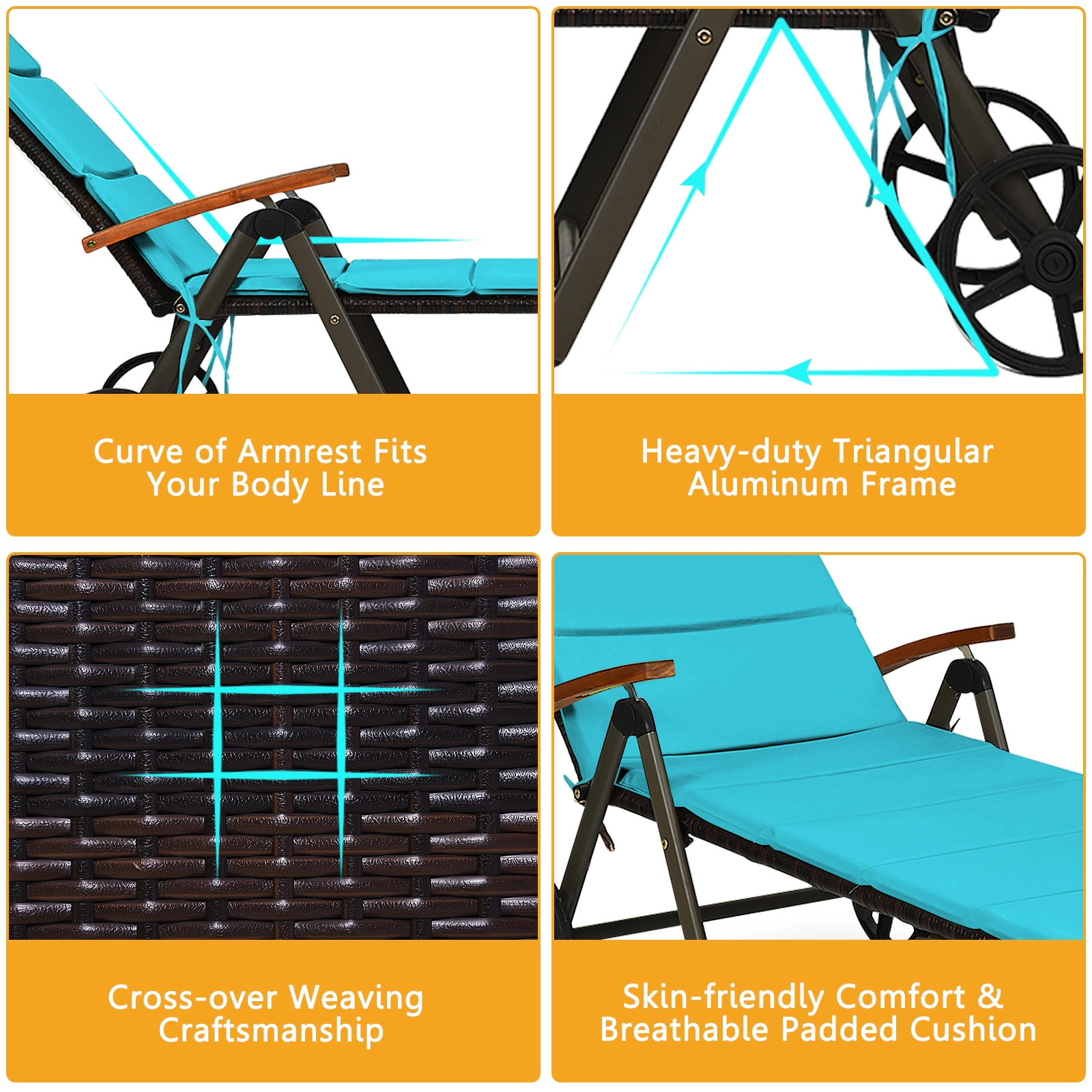 SUGIFT Adjustable Folding PE Rattan Outdoor Chaise Lounge Recliner Chair Cushion 385-lb Capacity 73-in Frame Turquoise