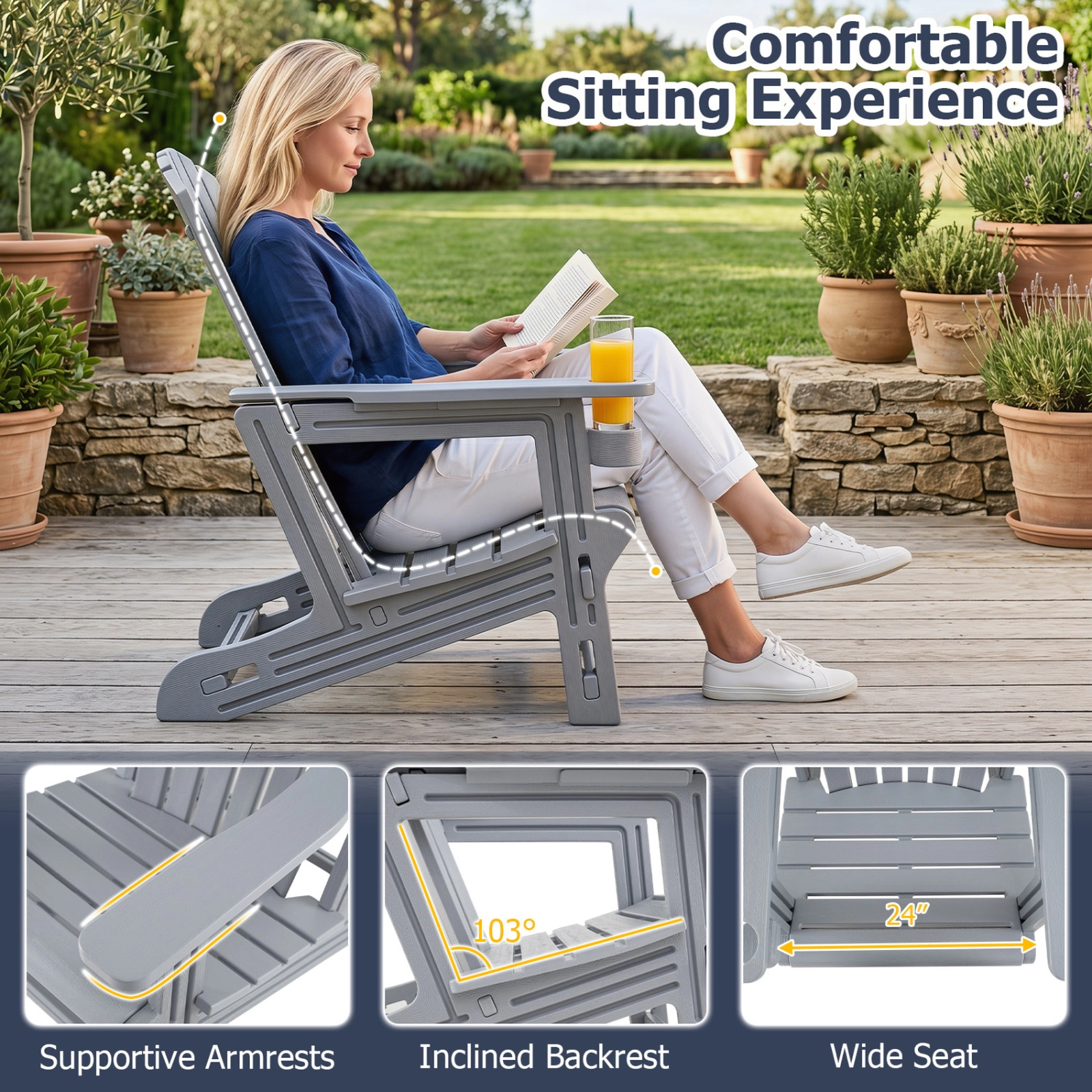SUGIFT Set of 2 HDPE Adirondack Chairs with Cup Holder 330-lb Capacity 13-in Seat Height Blue Black Gray