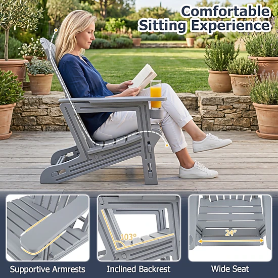 SUGIFT Set of 2 HDPE Adirondack Chairs with Cup Holder 330-lb Capacity 13-in Seat Height Blue Black Gray