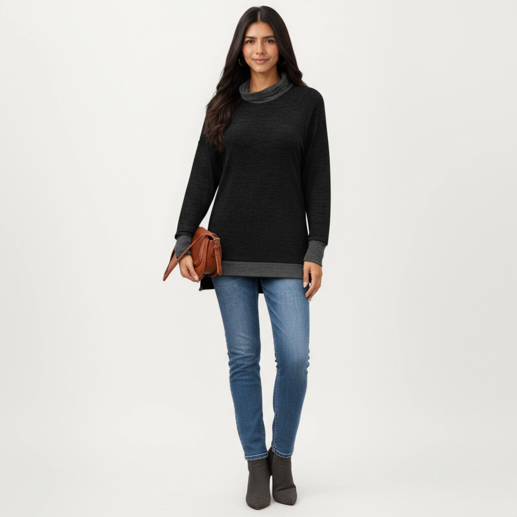 Anna-Kaci Women's Cowl Neck Contrast Cuff Hem Long Sleeve Knit Top