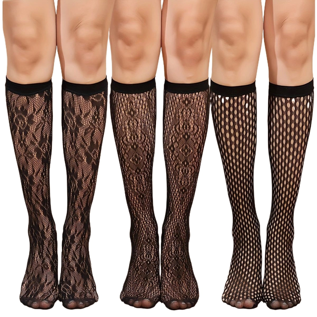 3Pair Women's Fishnet Knee High Socks Stylish Lace Hollow Stockings