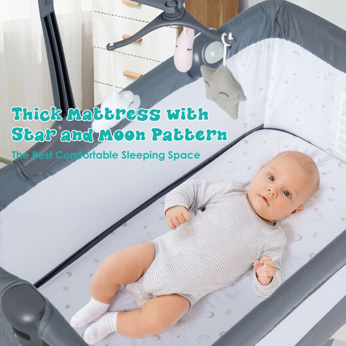 SlickBlue Gray Portable Bedside Bassinet with Adjustable Height and Mesh Sides