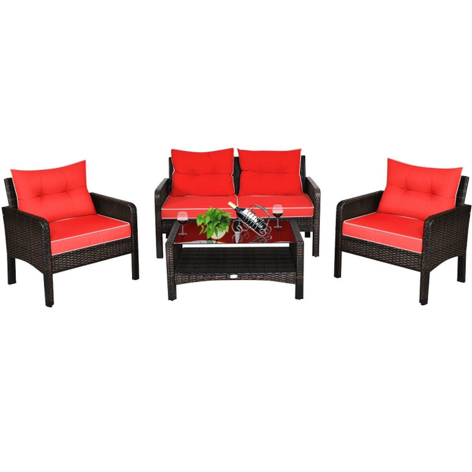 SUGIFT 4-Piece 800-lb Loveseat Capacity Red Rattan Wicker Patio Furniture Set with Glass Storage Table