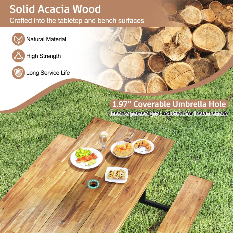 Hivvago 6-Person Acacia Wood Outdoor Picnic Table Set With 2 Built-In Benches
