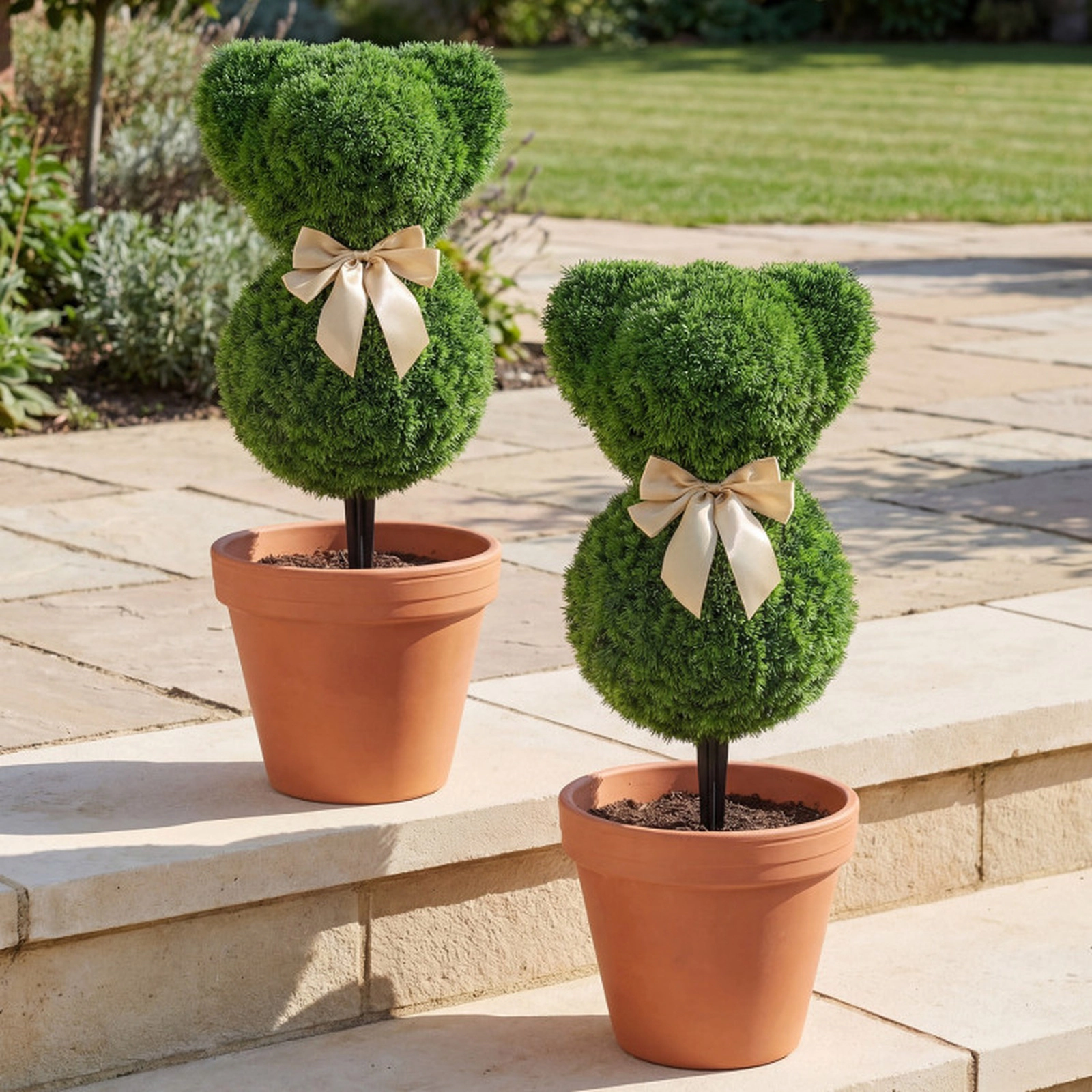 SUGIFT 2-Piece Teddy Bear Faux Boxwood Topiary Trees with Ground Spikes Sun-Resistant PE + PP Green + Golden