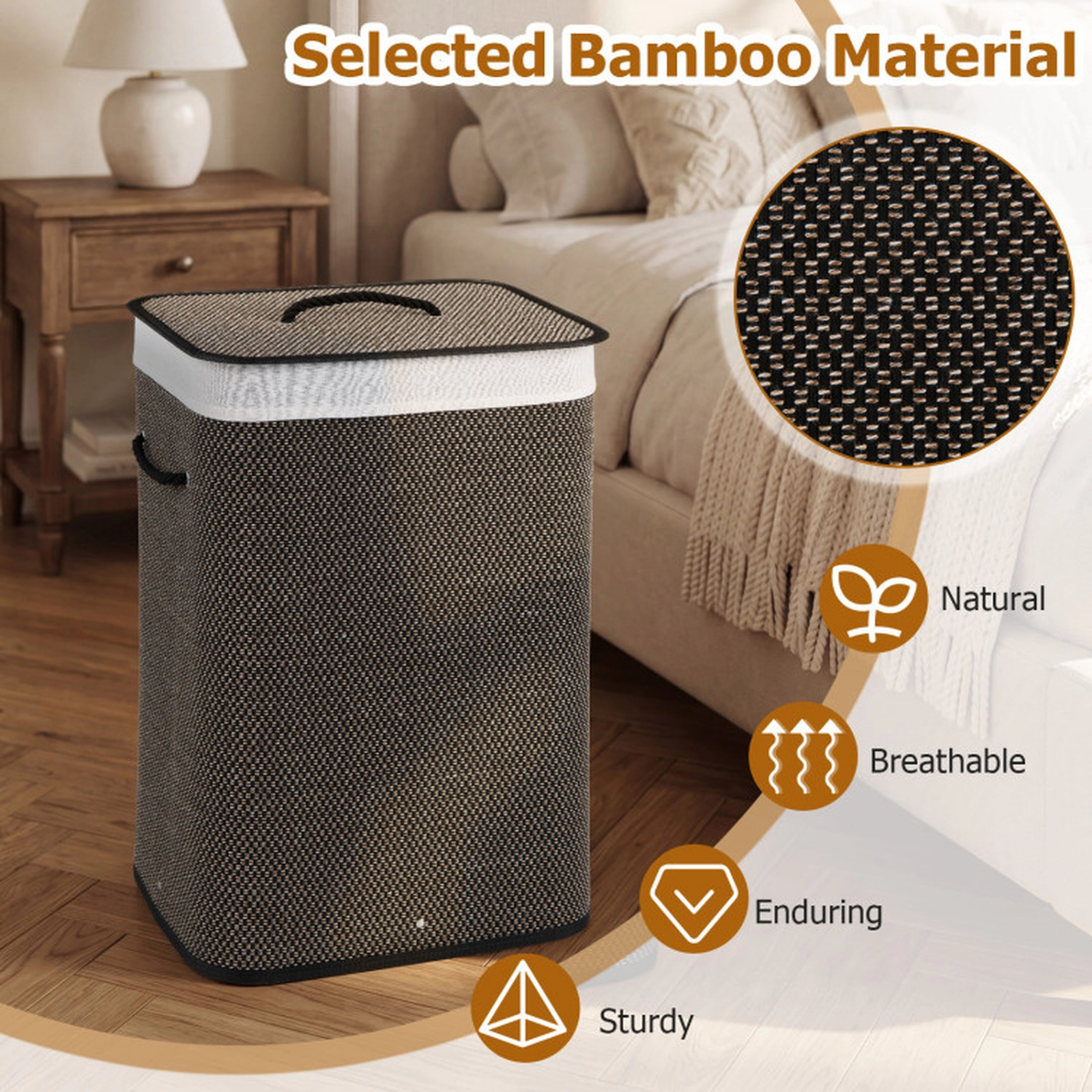 SUGIFT 19 Gal Capacity Bamboo Clothes Hamper with Removable Liner and Portable Handles 22-lb Capacity Black