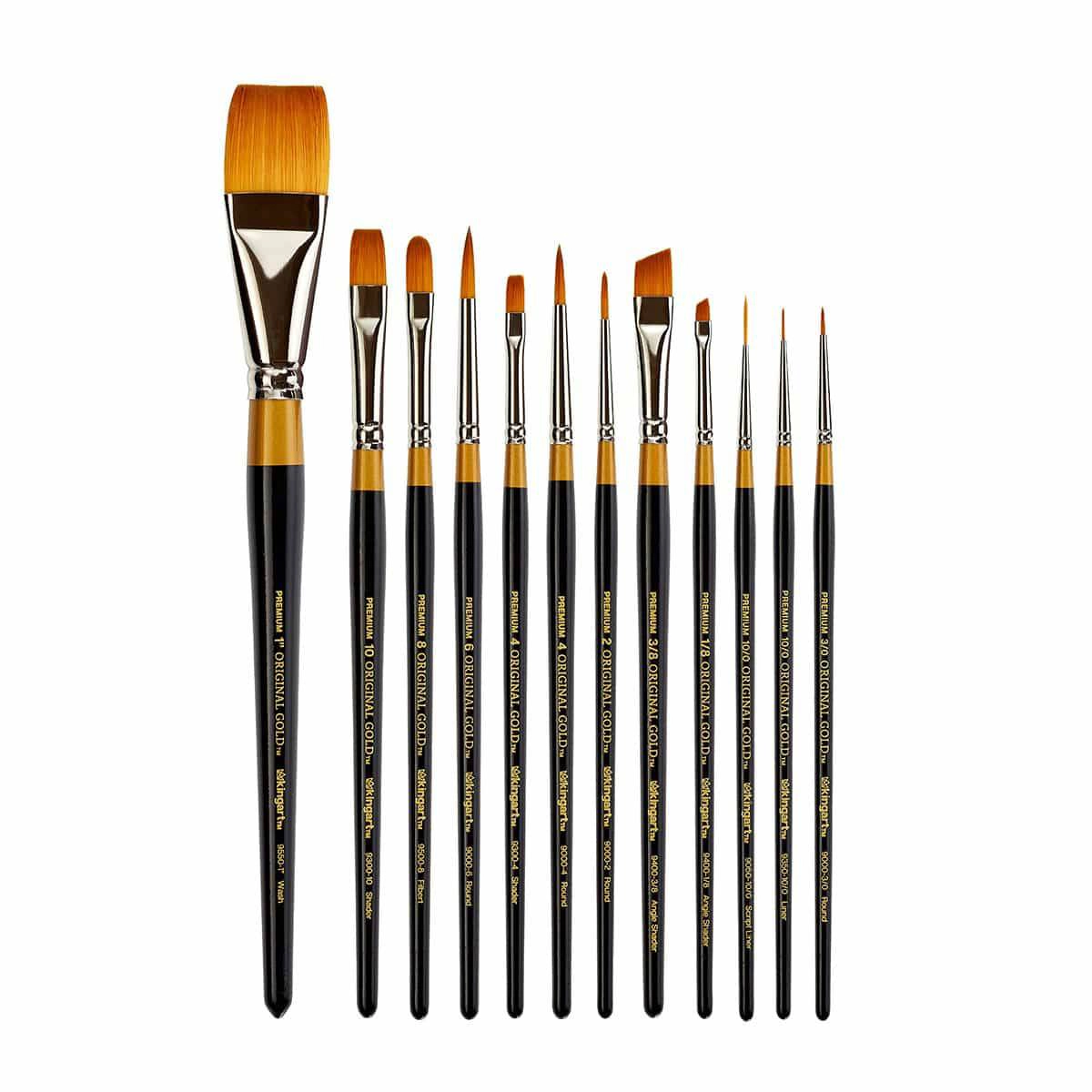 KINGART Original Gold Golden Taklon 12-Piece Multimedia Brush Set
