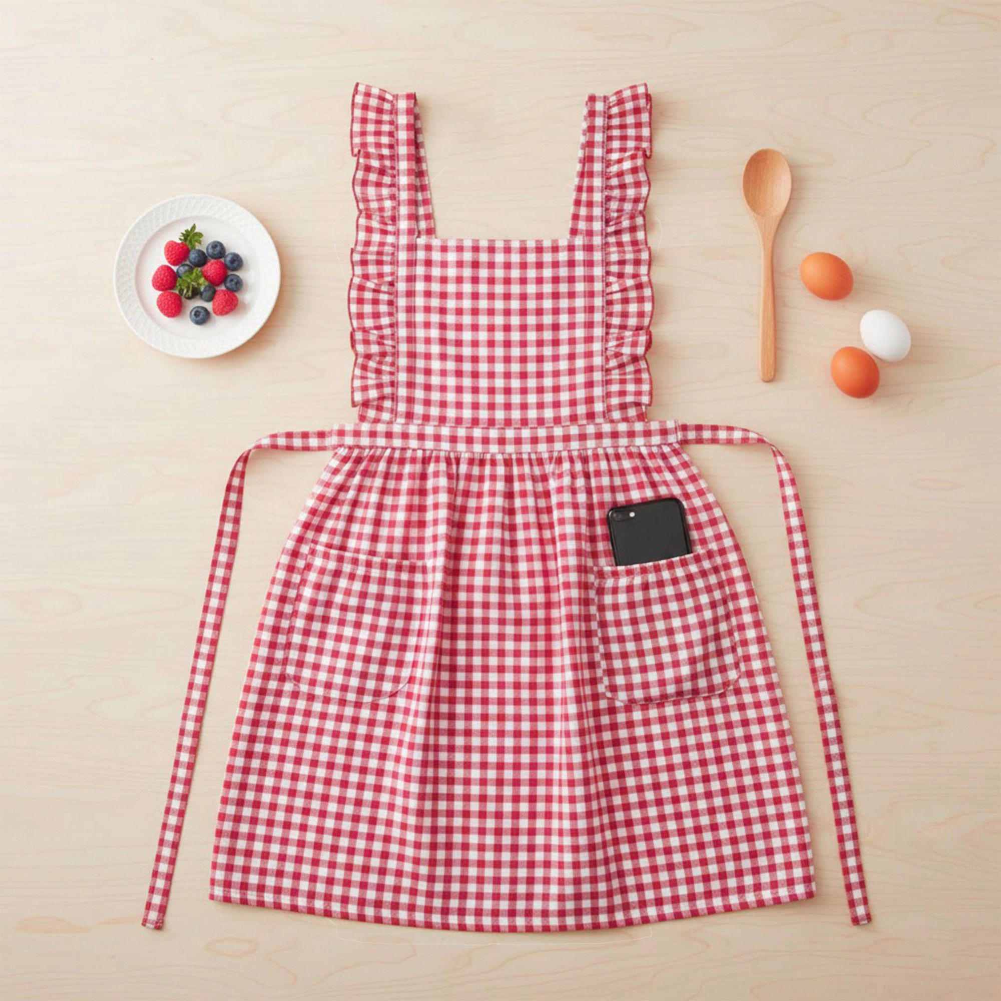 Alilang Unisex Gingham Ruffle Kitchen Apron with Square Bib Design Dual Front Pockets and Adjustable Waist Ties
