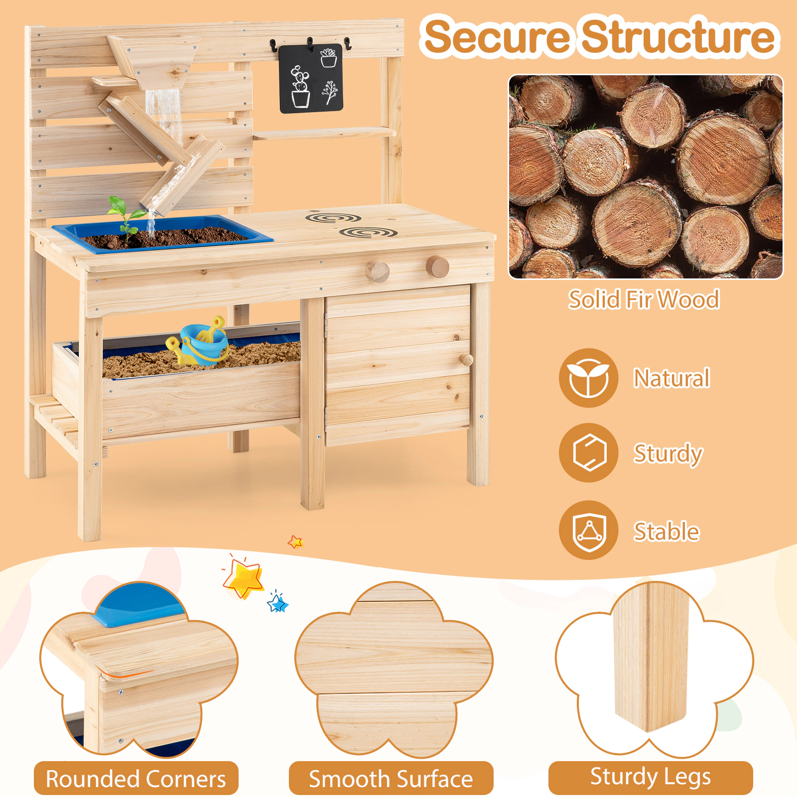 Outdoor Play Kitchen Detachable Sandbox Removable Sink Sand Funnel 31-in Fir Wood Mud Kitchen Ages 3-8 Natural