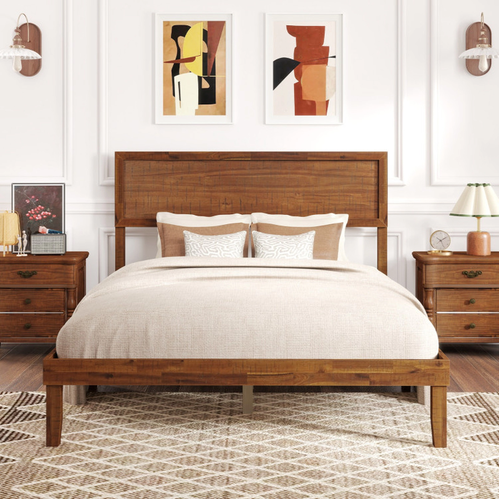 SUGIFT Walnut High Headboard and Slat Support Full Size Wooden Platform Bed Frame