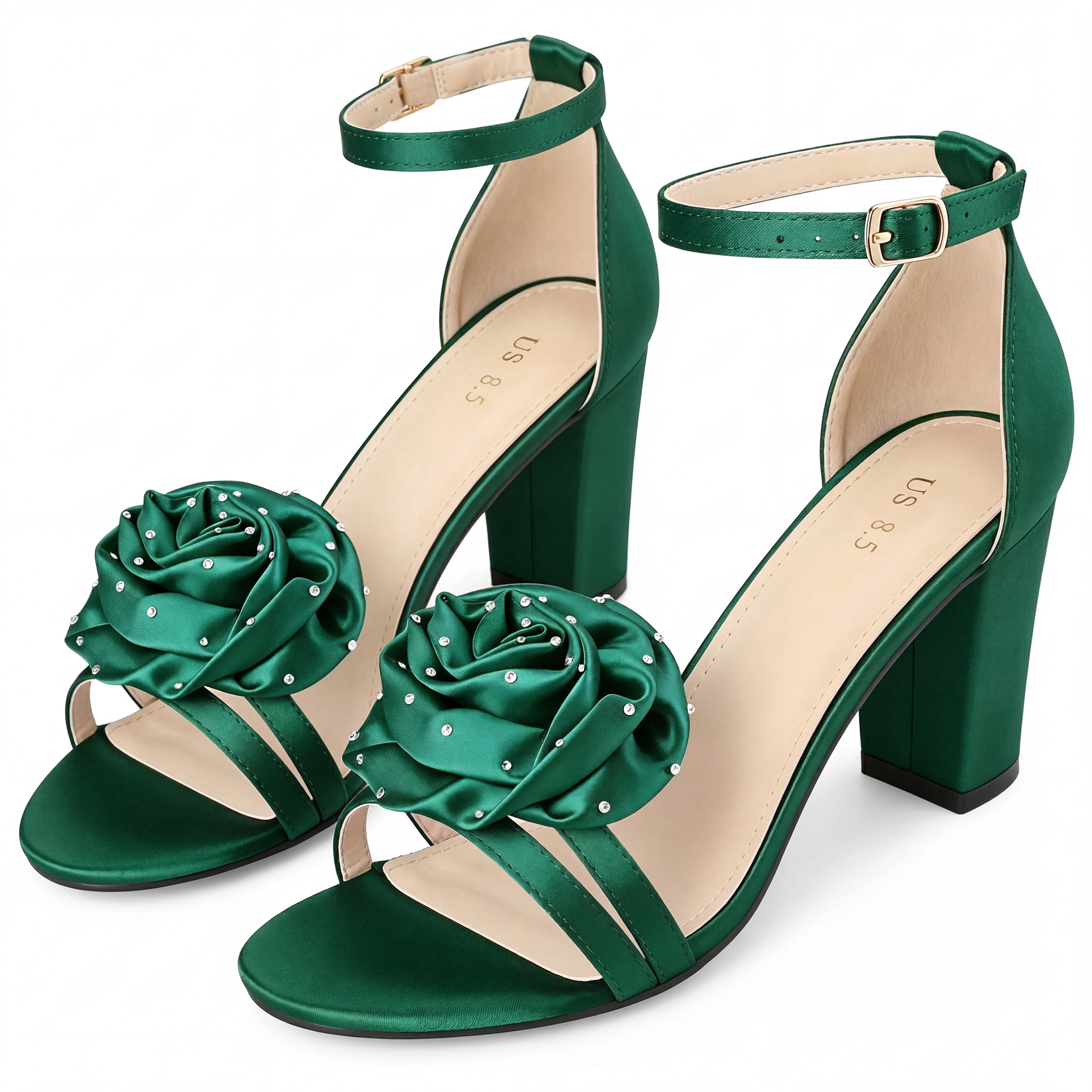 BLISSFUL STEP Women's Wedding Flower Ankle Strap Chunky Heel Sandals